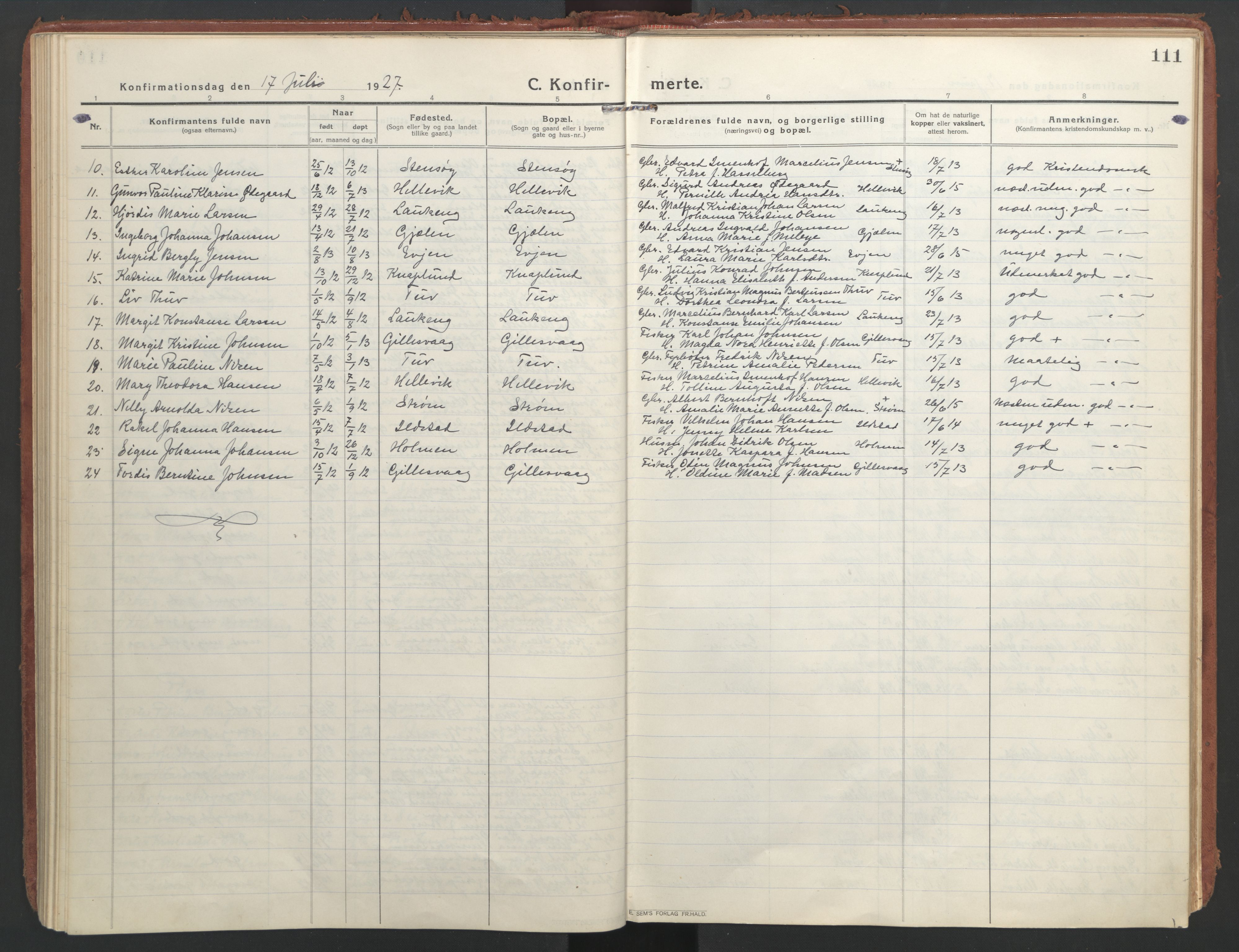 Ministerialprotokoller, klokkerbøker og fødselsregistre - Nordland, SAT/A-1459/804/L0086: Parish register (official) no. 804A07, 1916-1935, p. 111