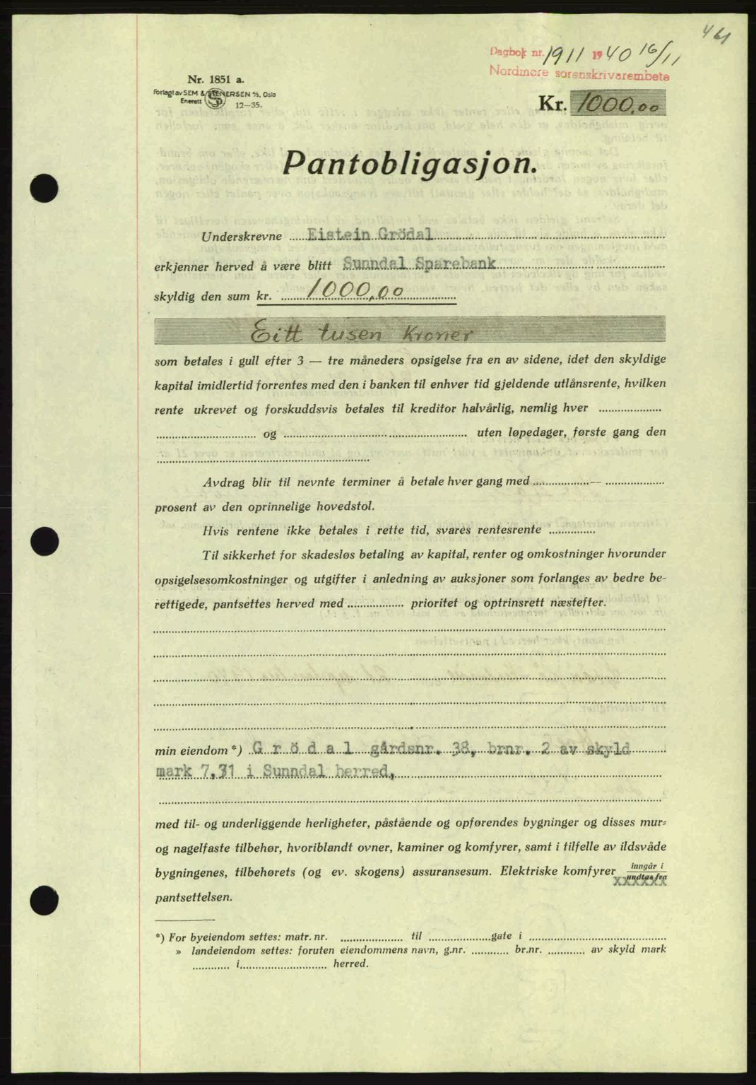 Nordmøre sorenskriveri, AV/SAT-A-4132/1/2/2Ca: Mortgage book no. B87, 1940-1941, Diary no: : 1911/1940