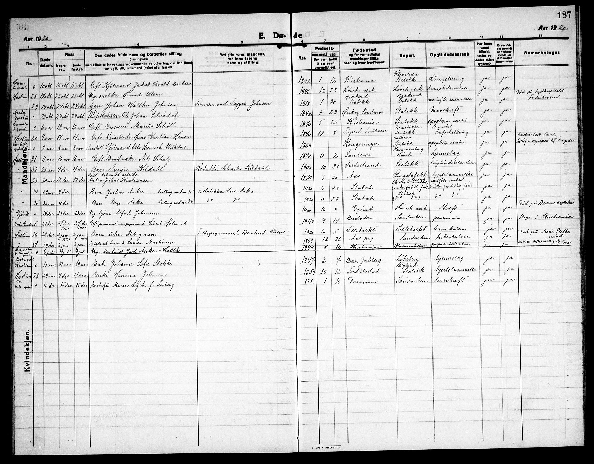 Østre Bærum prestekontor Kirkebøker, AV/SAO-A-10887/G/Ga/L0002: Parish register (copy) no. 2, 1912-1929, p. 187