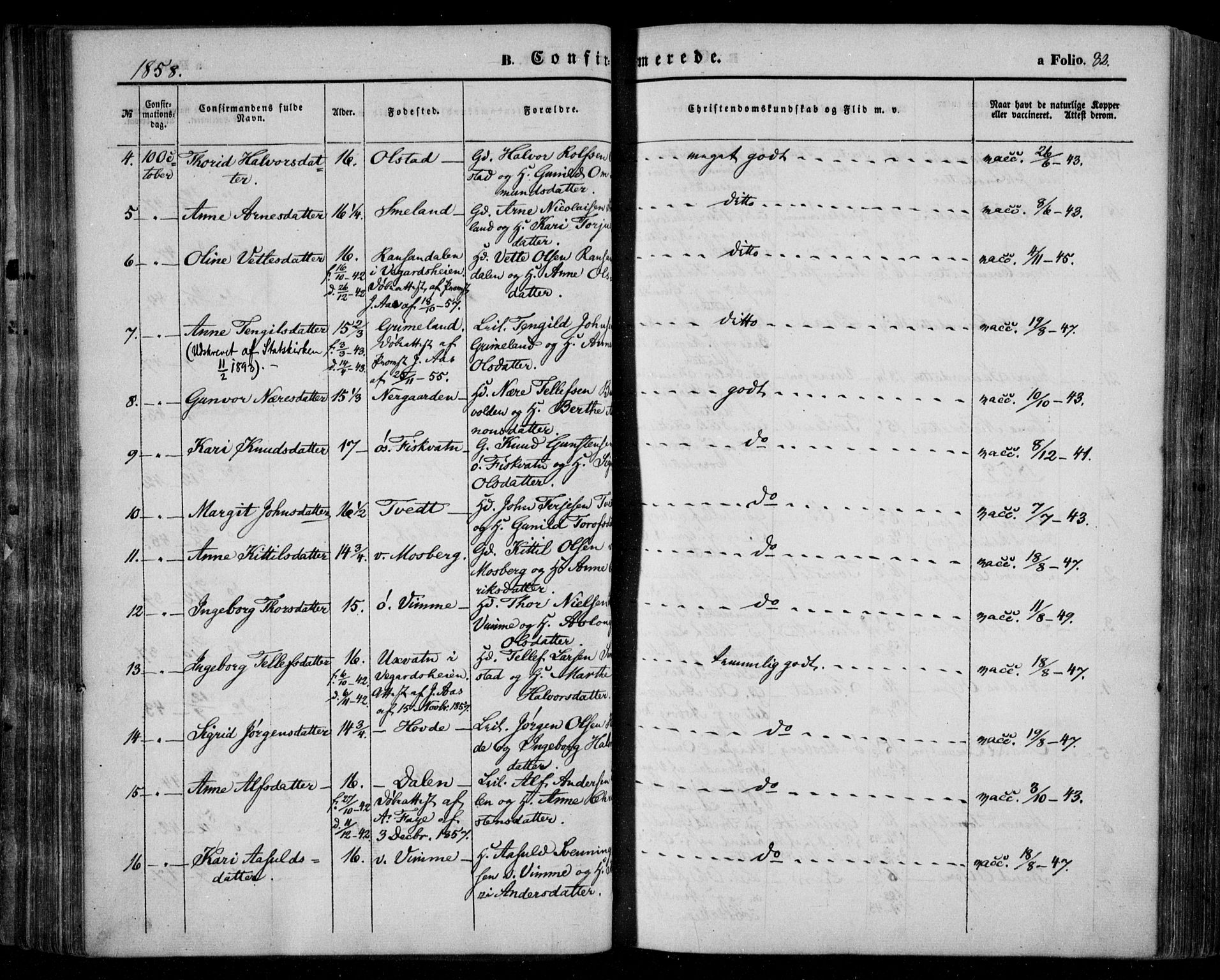 Åmli sokneprestkontor, SAK/1111-0050/F/Fa/Fac/L0008: Parish register (official) no. A 8, 1852-1869, p. 82