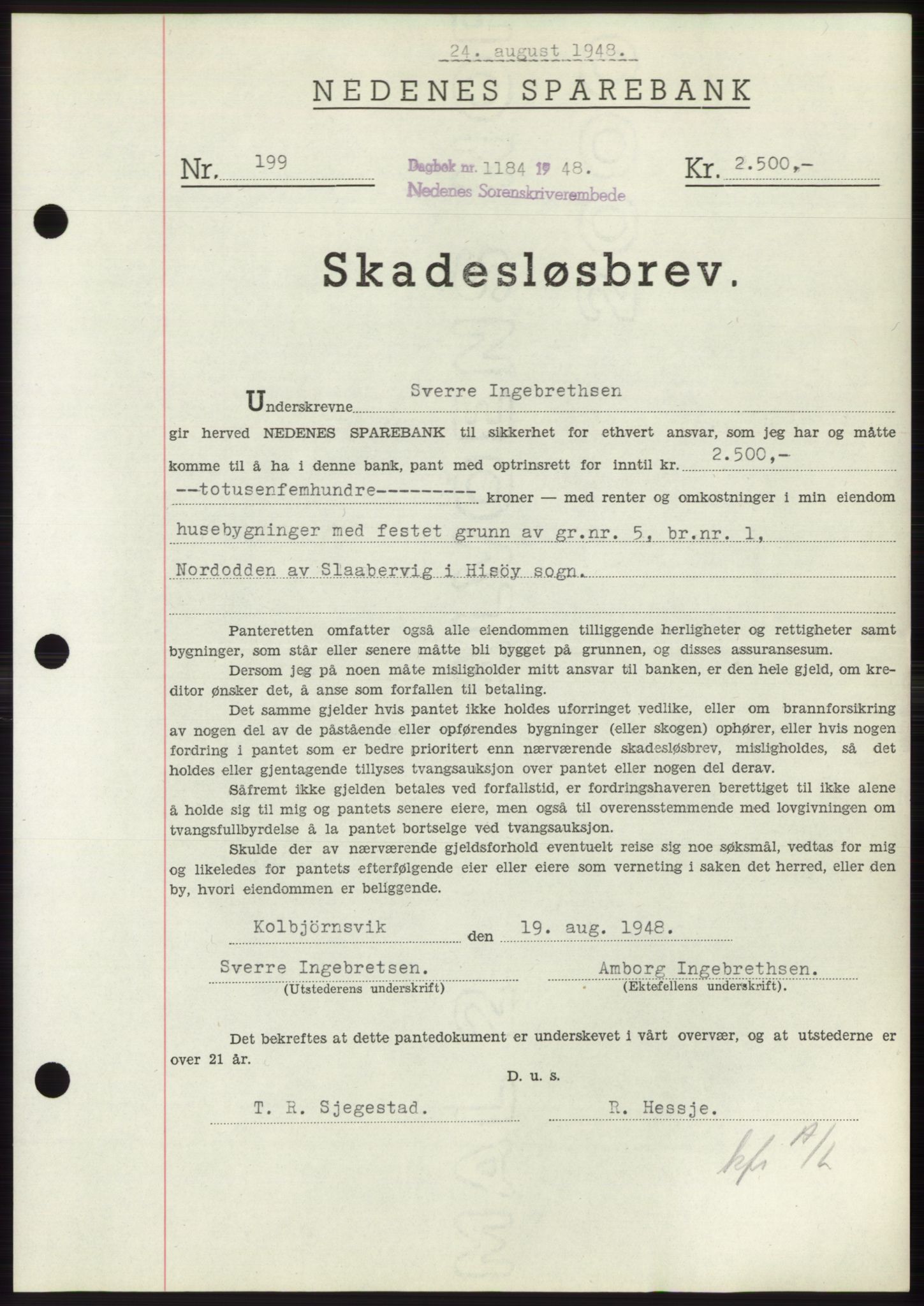 Nedenes sorenskriveri, AV/SAK-1221-0006/G/Gb/Gbb/L0005: Mortgage book no. B5, 1948-1948, Diary no: : 1184/1948