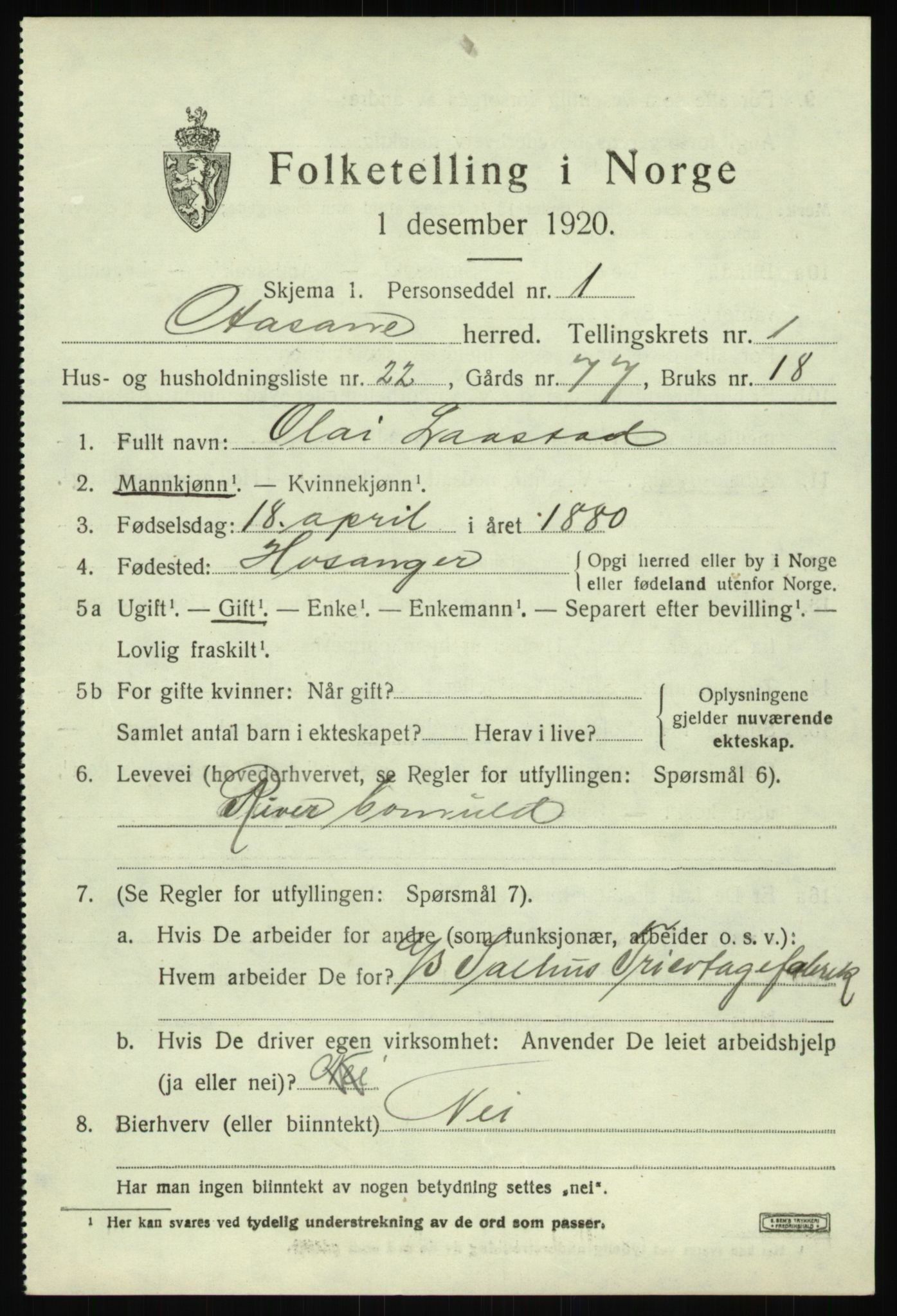 SAB, 1920 census for Åsane, 1920, p. 1129