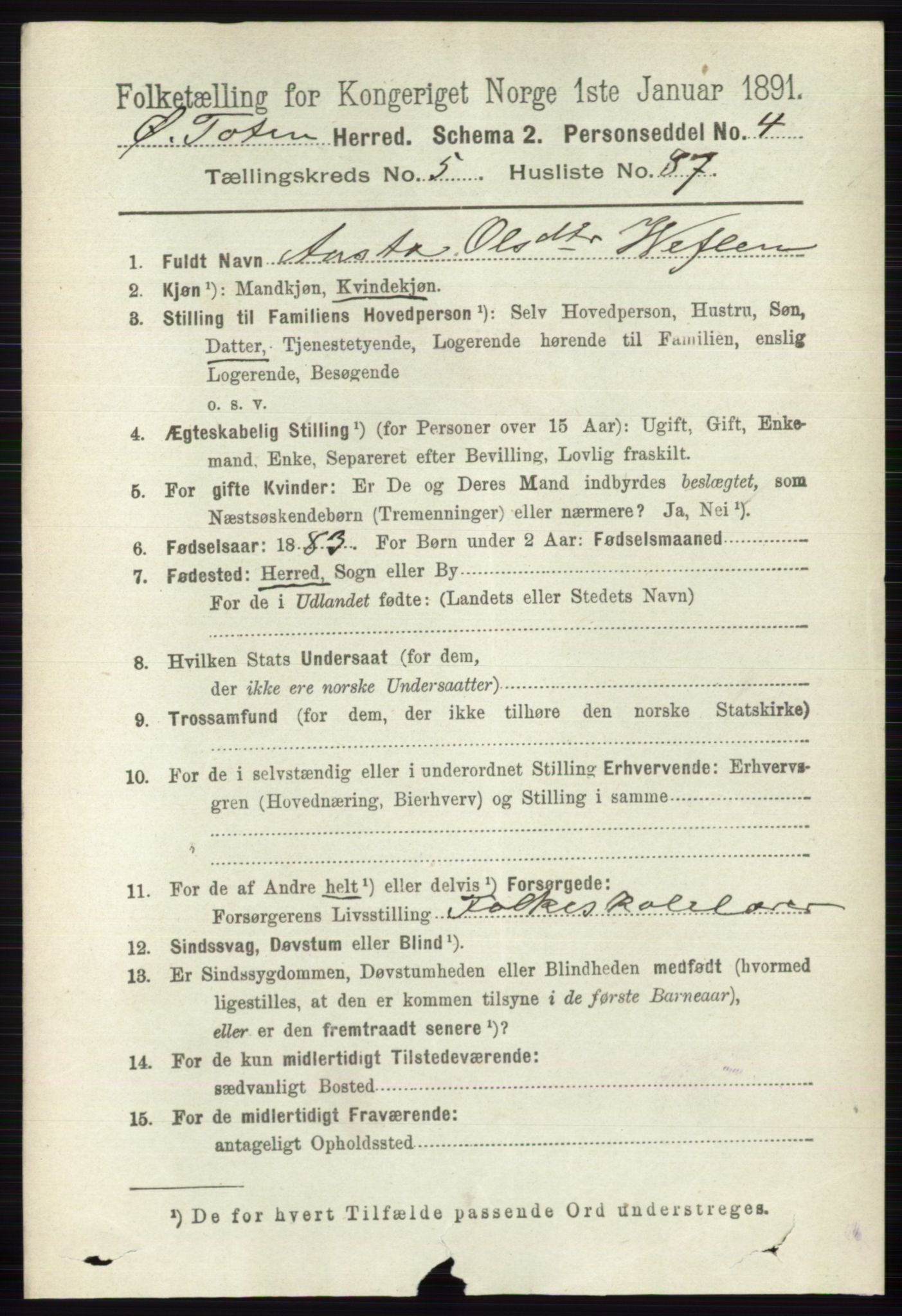 RA, 1891 census for 0528 Østre Toten, 1891, p. 3669