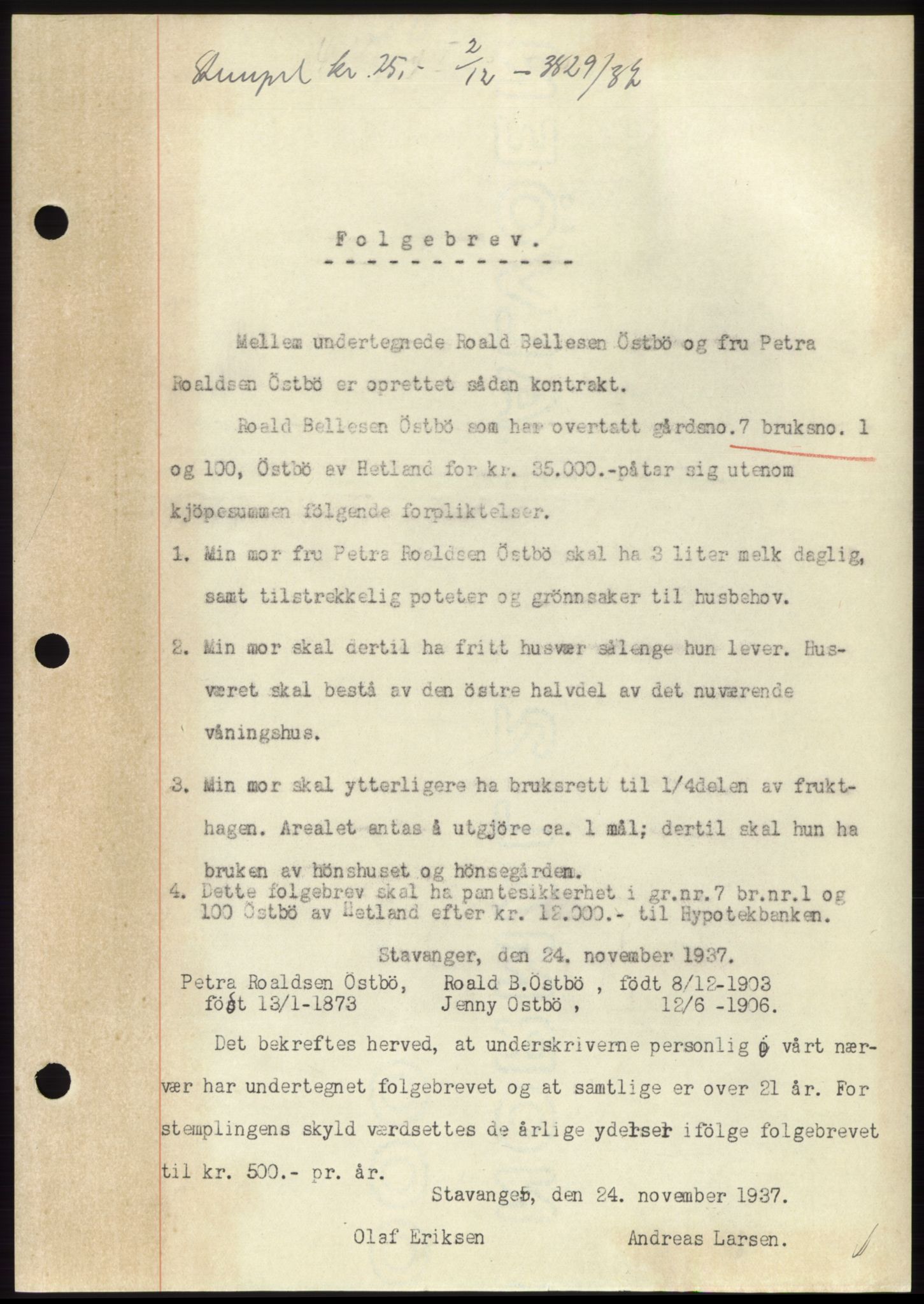 Jæren sorenskriveri, SAST/A-100310/03/G/Gba/L0069: Mortgage book, 1937-1937, Diary no: : 3829/1937