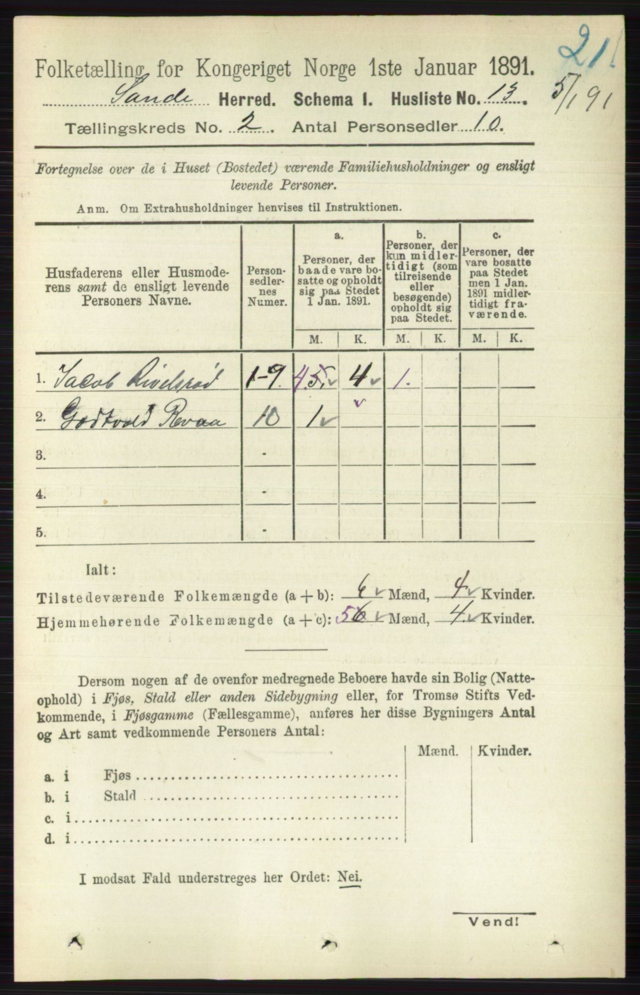 RA, 1891 census for 0713 Sande, 1891, p. 481