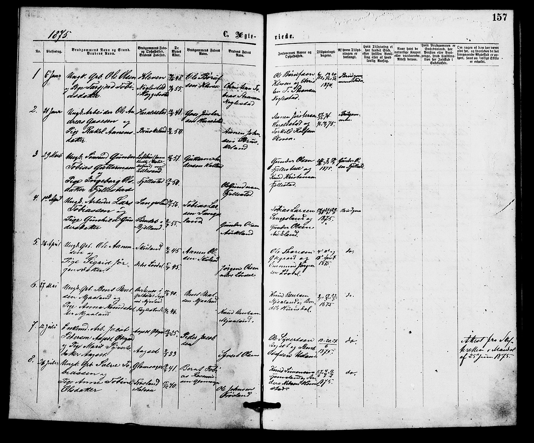 Holum sokneprestkontor, SAK/1111-0022/F/Fa/Fab/L0006: Parish register (official) no. A 6, 1875-1886, p. 157