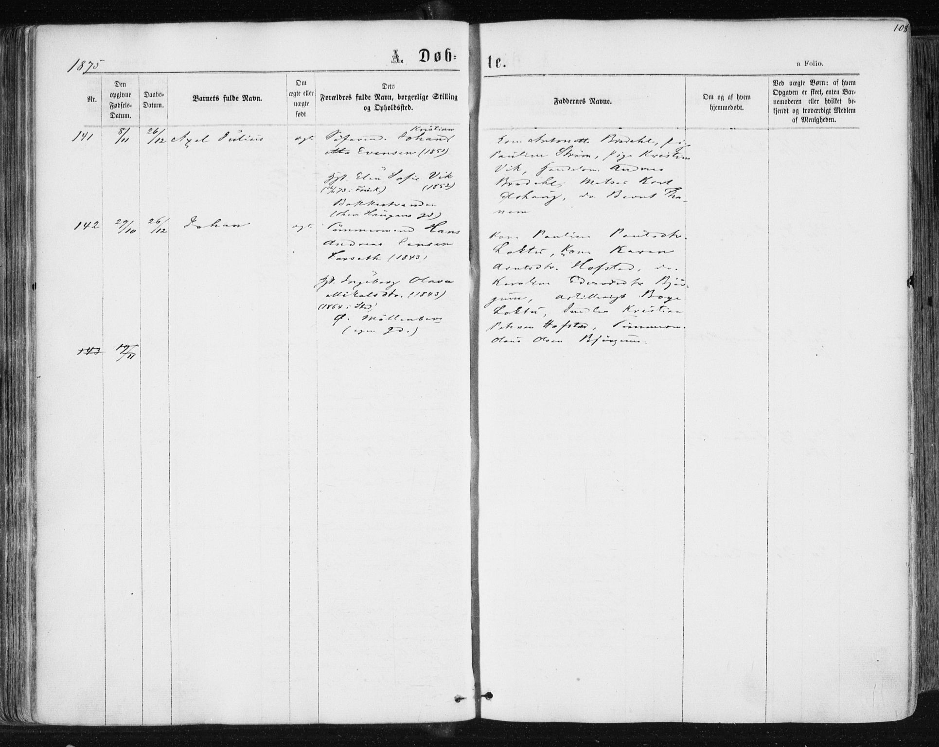 Ministerialprotokoller, klokkerbøker og fødselsregistre - Sør-Trøndelag, SAT/A-1456/604/L0186: Parish register (official) no. 604A07, 1866-1877, p. 108
