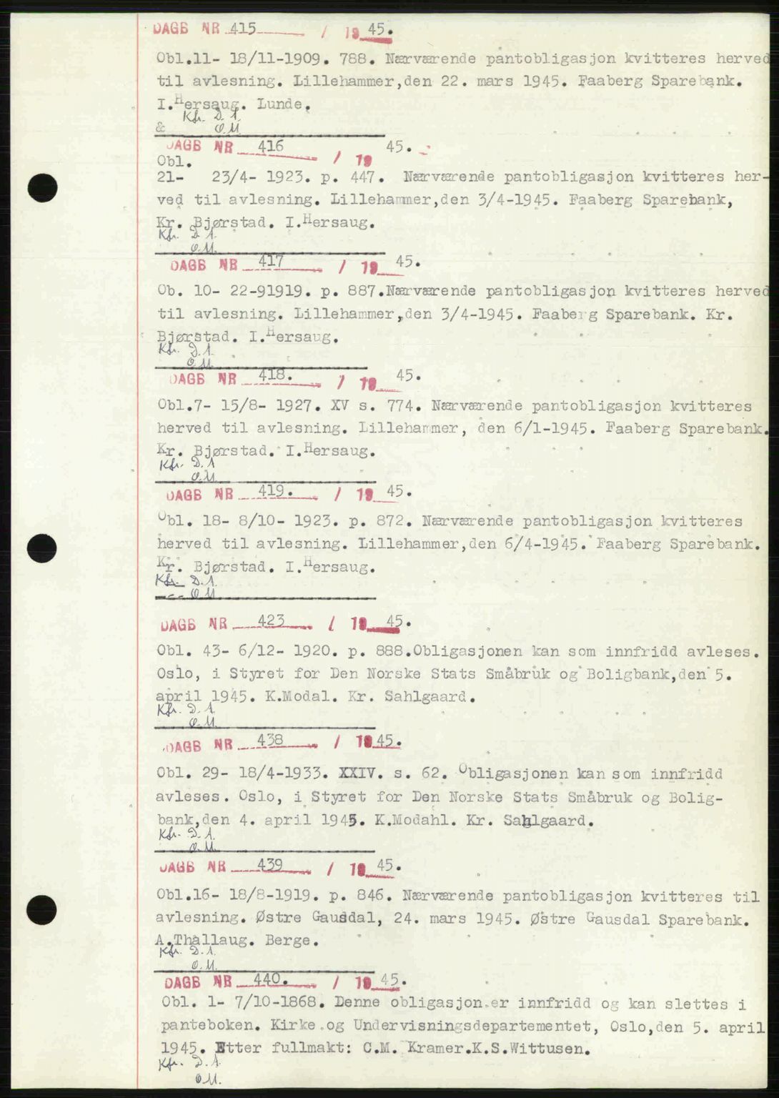 Sør-Gudbrandsdal tingrett, SAH/TING-004/H/Hb/Hbf/L0002: Mortgage book no. C1, 1938-1951, Diary no: : 415/1945