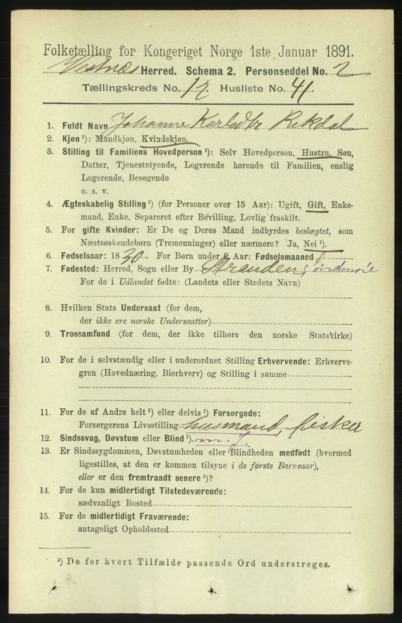 RA, 1891 census for 1535 Vestnes, 1891, p. 4645