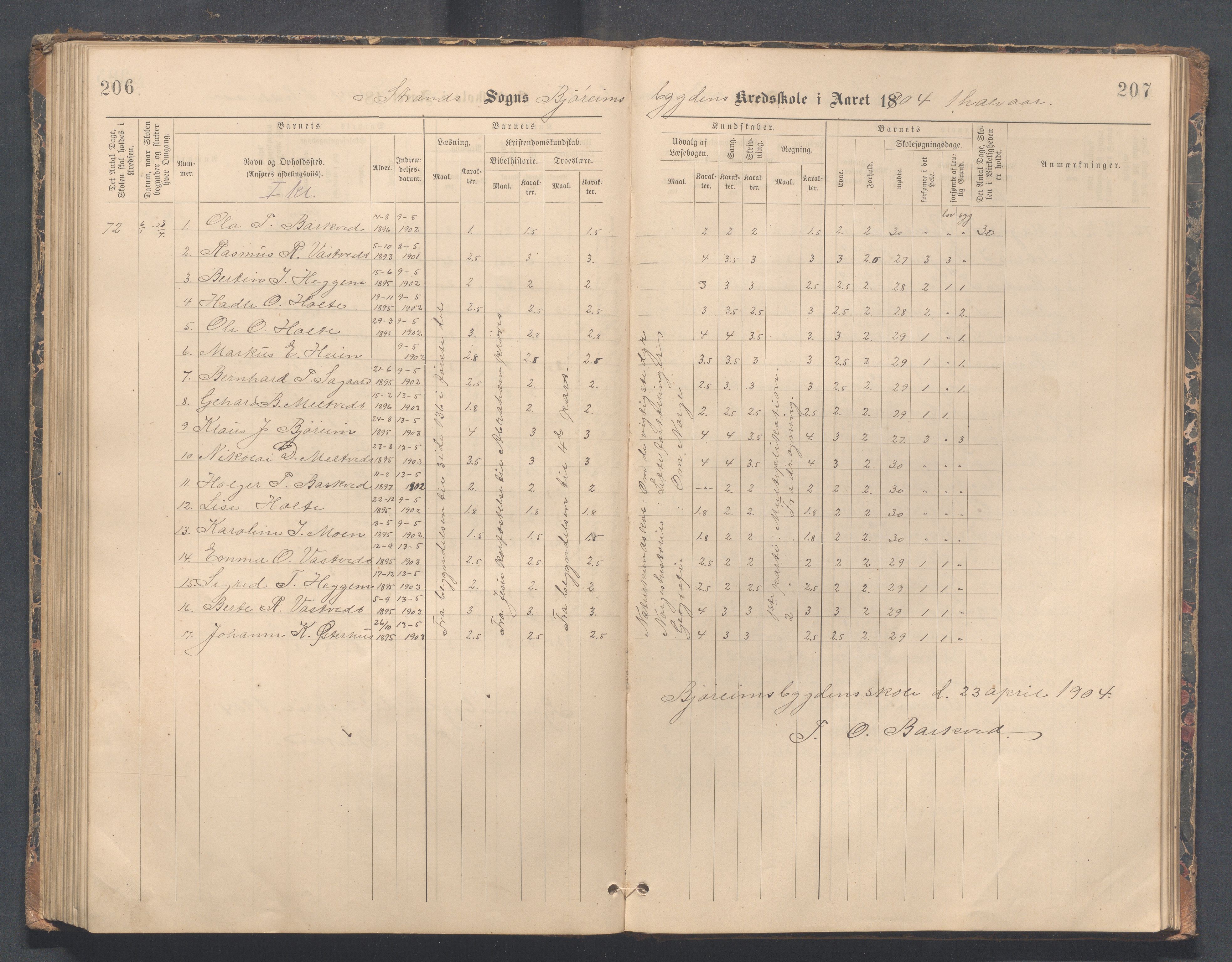 Strand kommune - Bjørheimsbygd skole, IKAR/A-147/H/L0002: Skoleprotokoll for Bjørheimsbygd og Lekvam krets, 1891-1907, p. 206-207