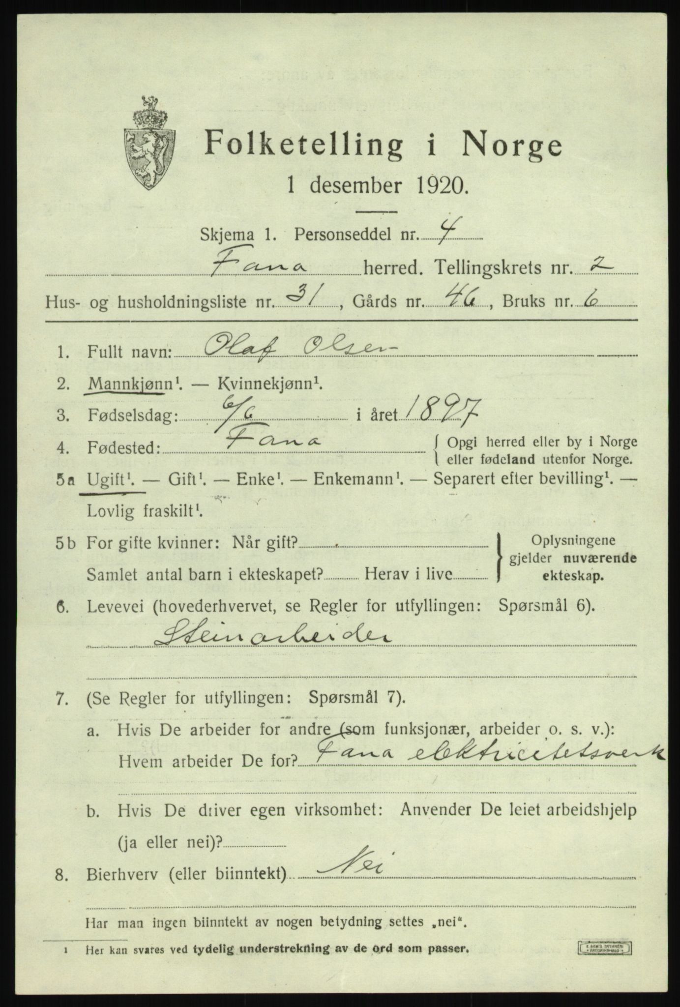 SAB, 1920 census for Fana, 1920, p. 4835