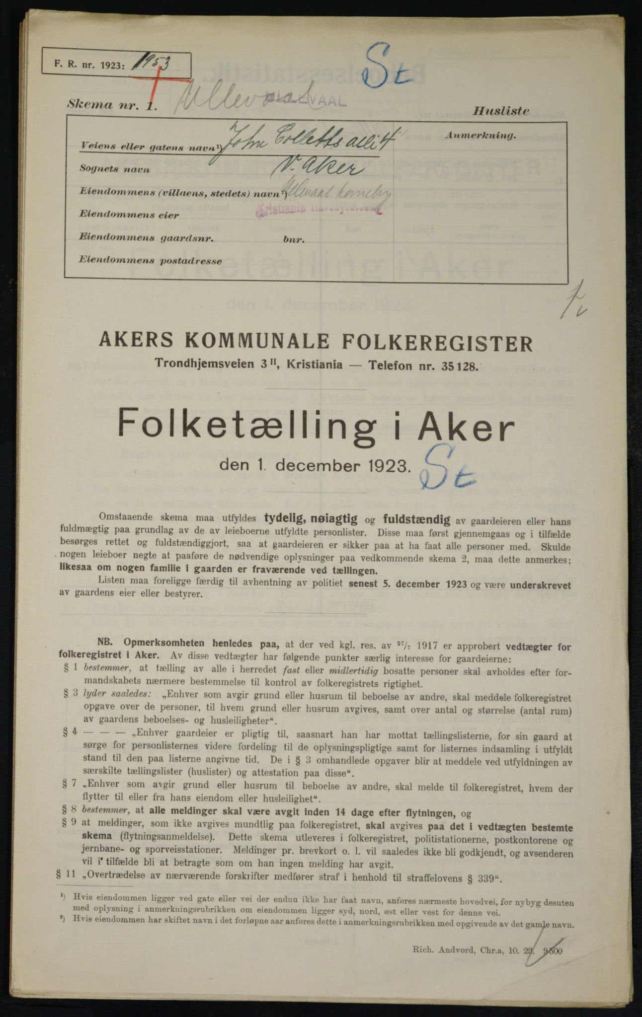 , Municipal Census 1923 for Aker, 1923, p. 20694