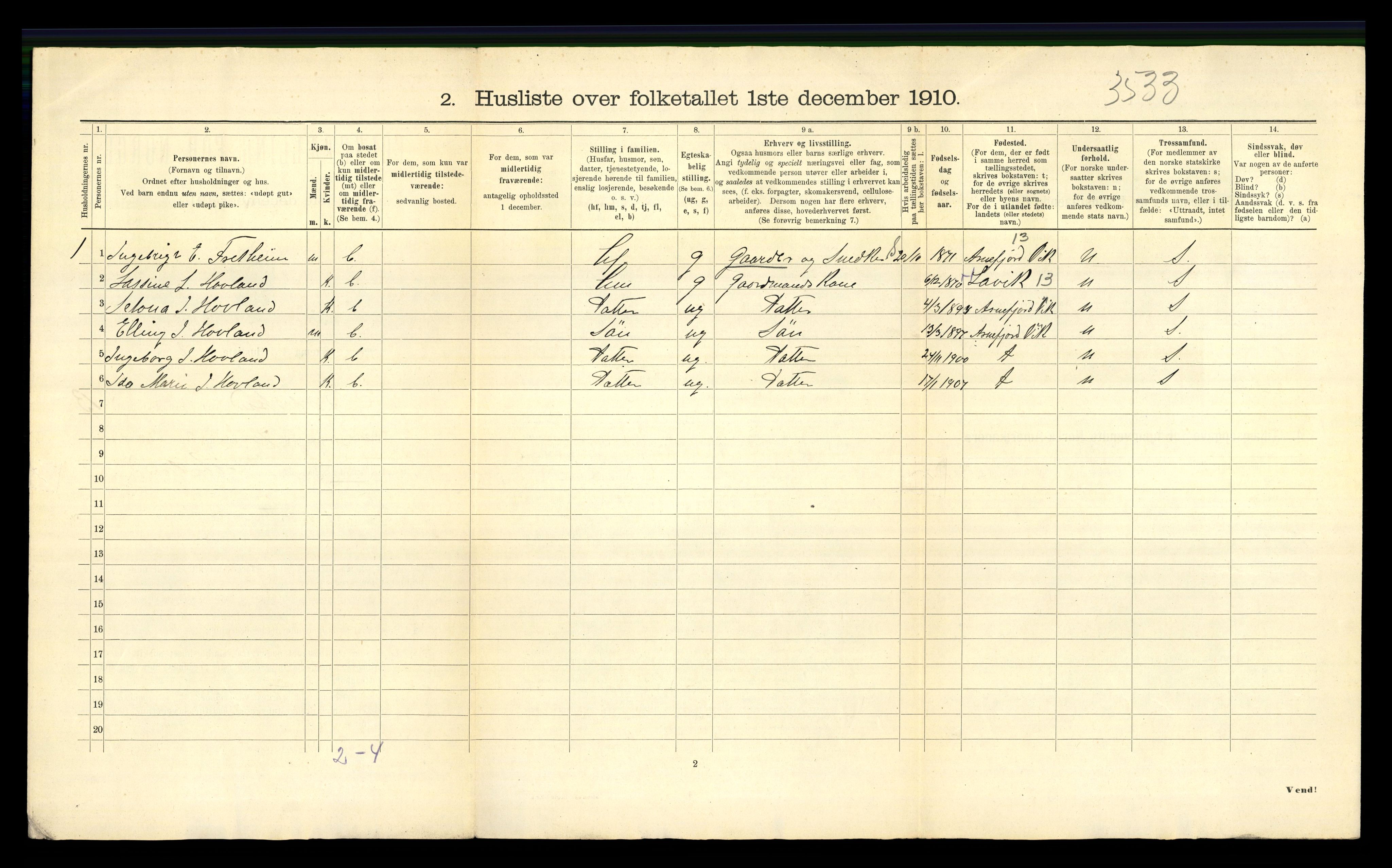 RA, 1910 census for Balestrand, 1910, p. 833