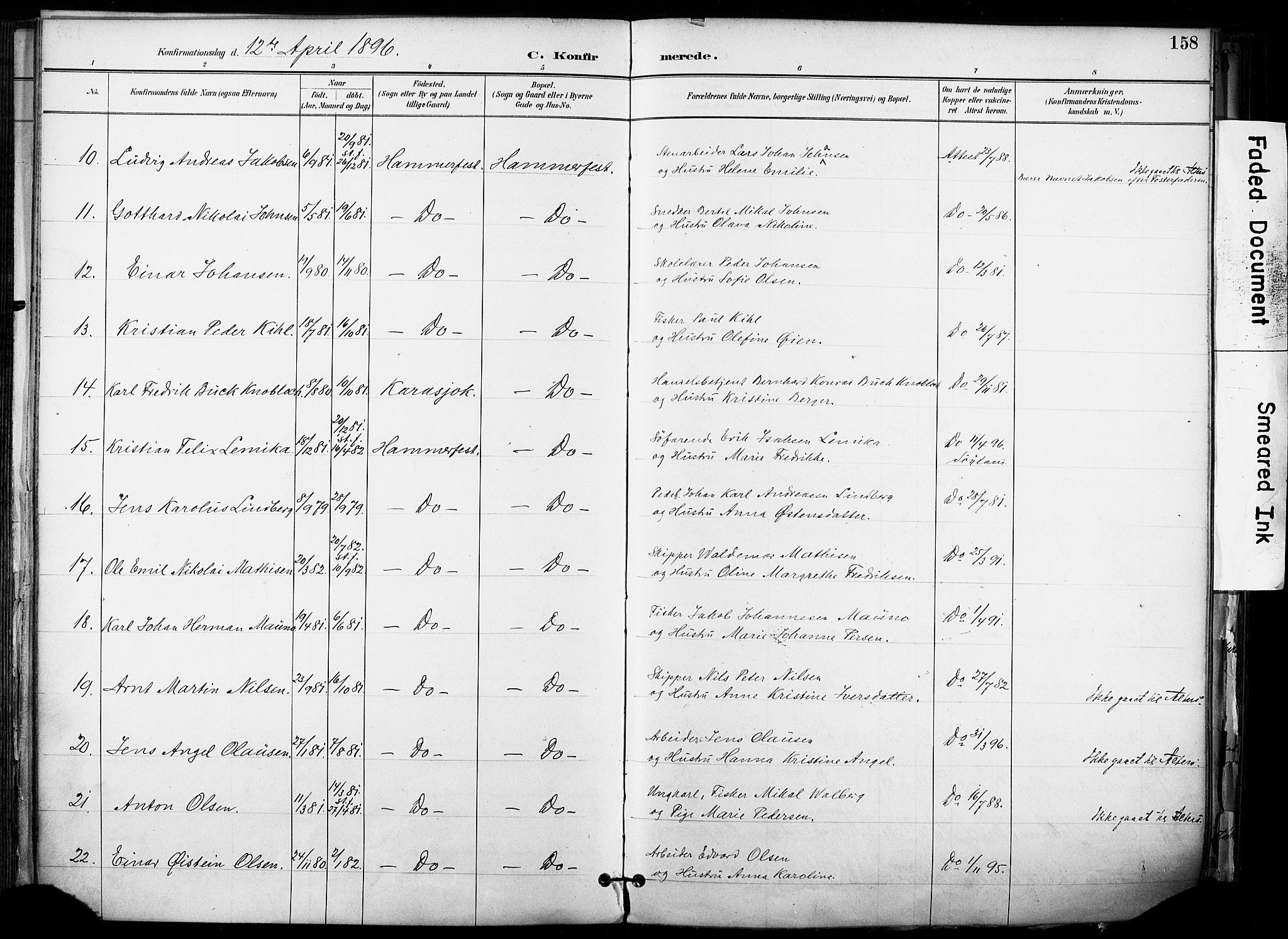 Hammerfest sokneprestkontor, AV/SATØ-S-1347/H/Ha/L0009.kirke: Parish register (official) no. 9, 1889-1897, p. 158