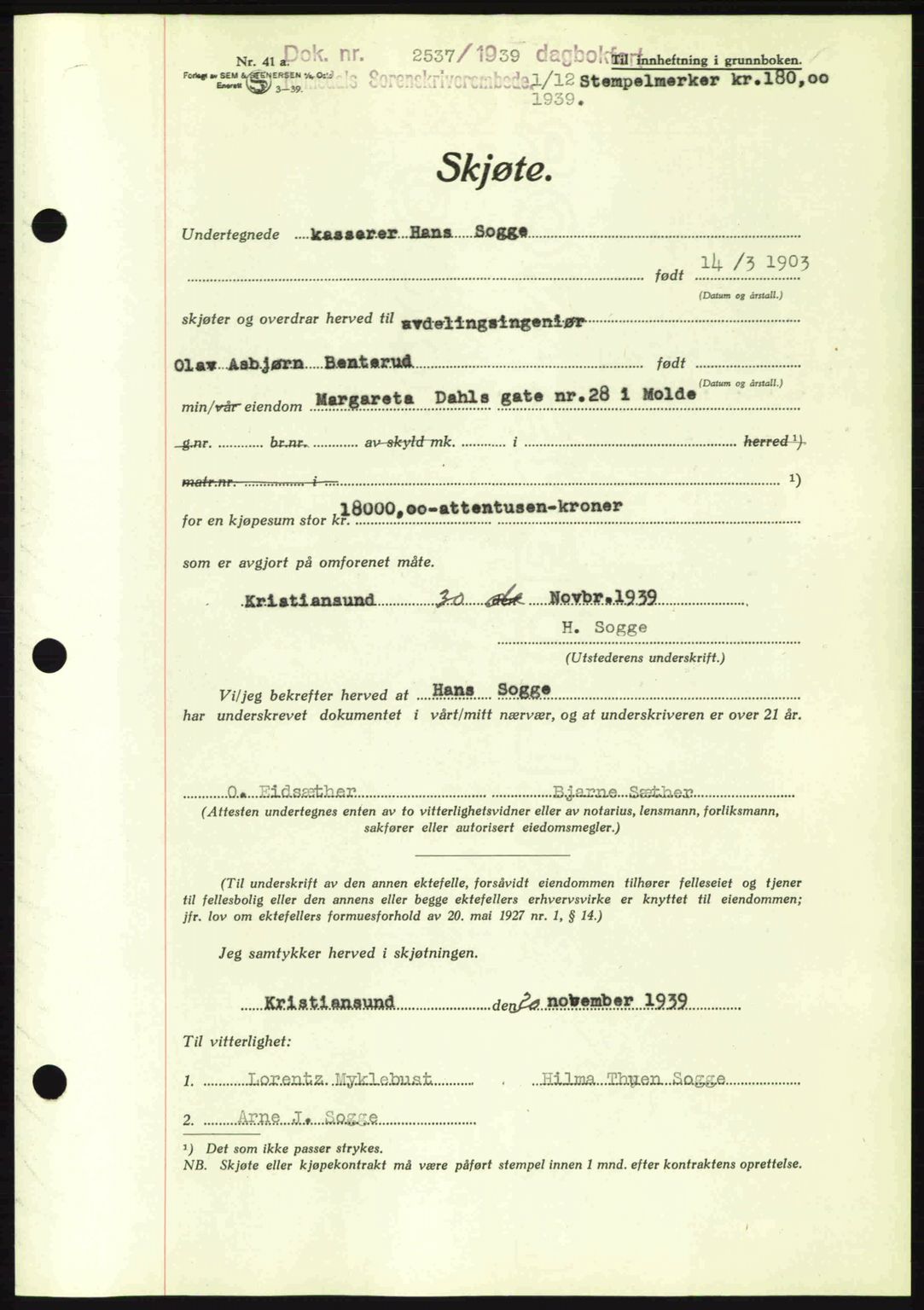 Romsdal sorenskriveri, AV/SAT-A-4149/1/2/2C: Mortgage book no. A7, 1939-1939, Diary no: : 2537/1939