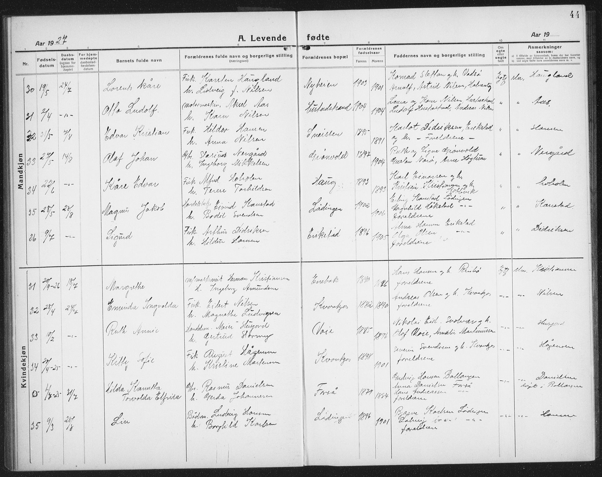 Ministerialprotokoller, klokkerbøker og fødselsregistre - Nordland, AV/SAT-A-1459/872/L1049: Parish register (copy) no. 872C05, 1920-1938, p. 44