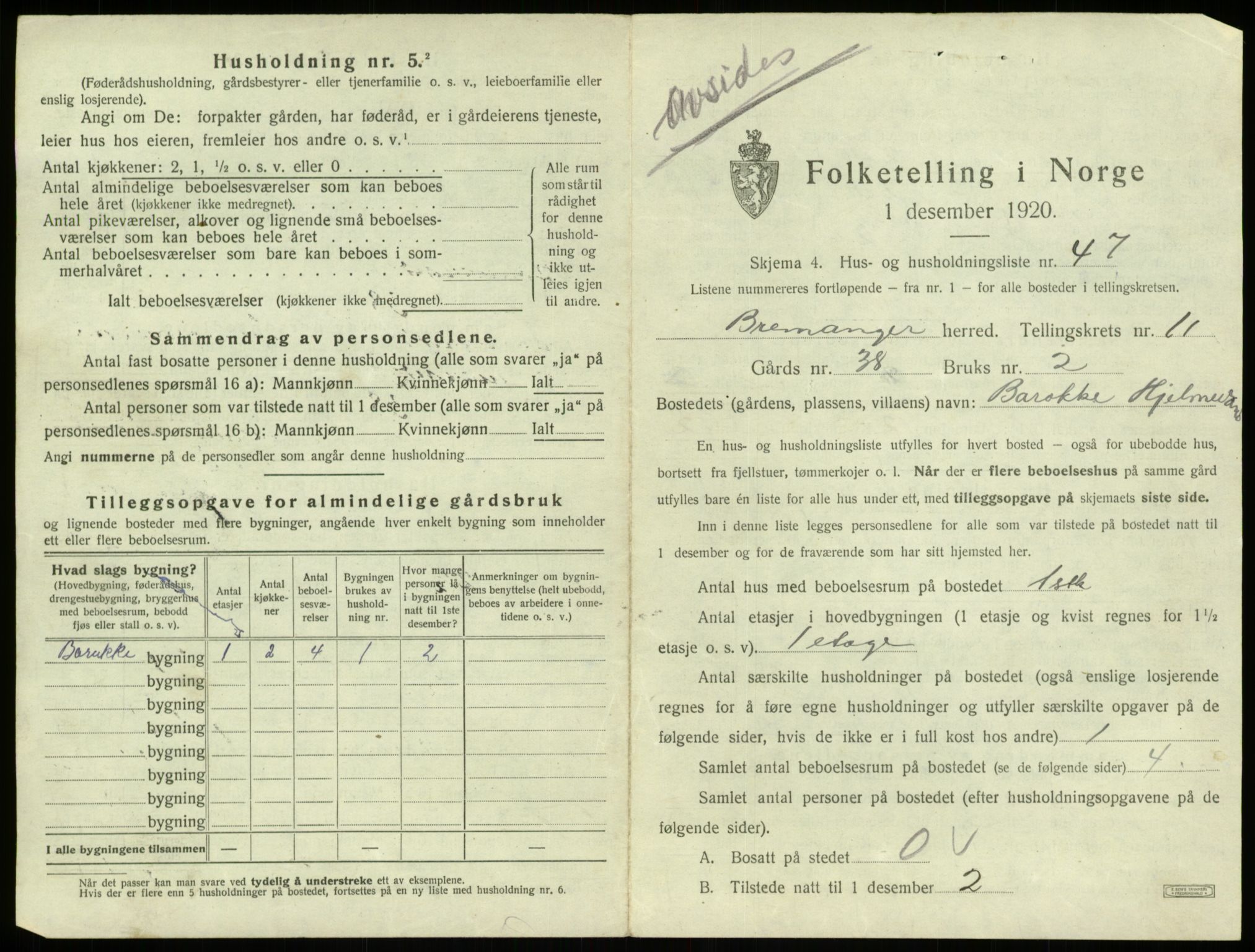 SAB, 1920 census for Bremanger, 1920, p. 849