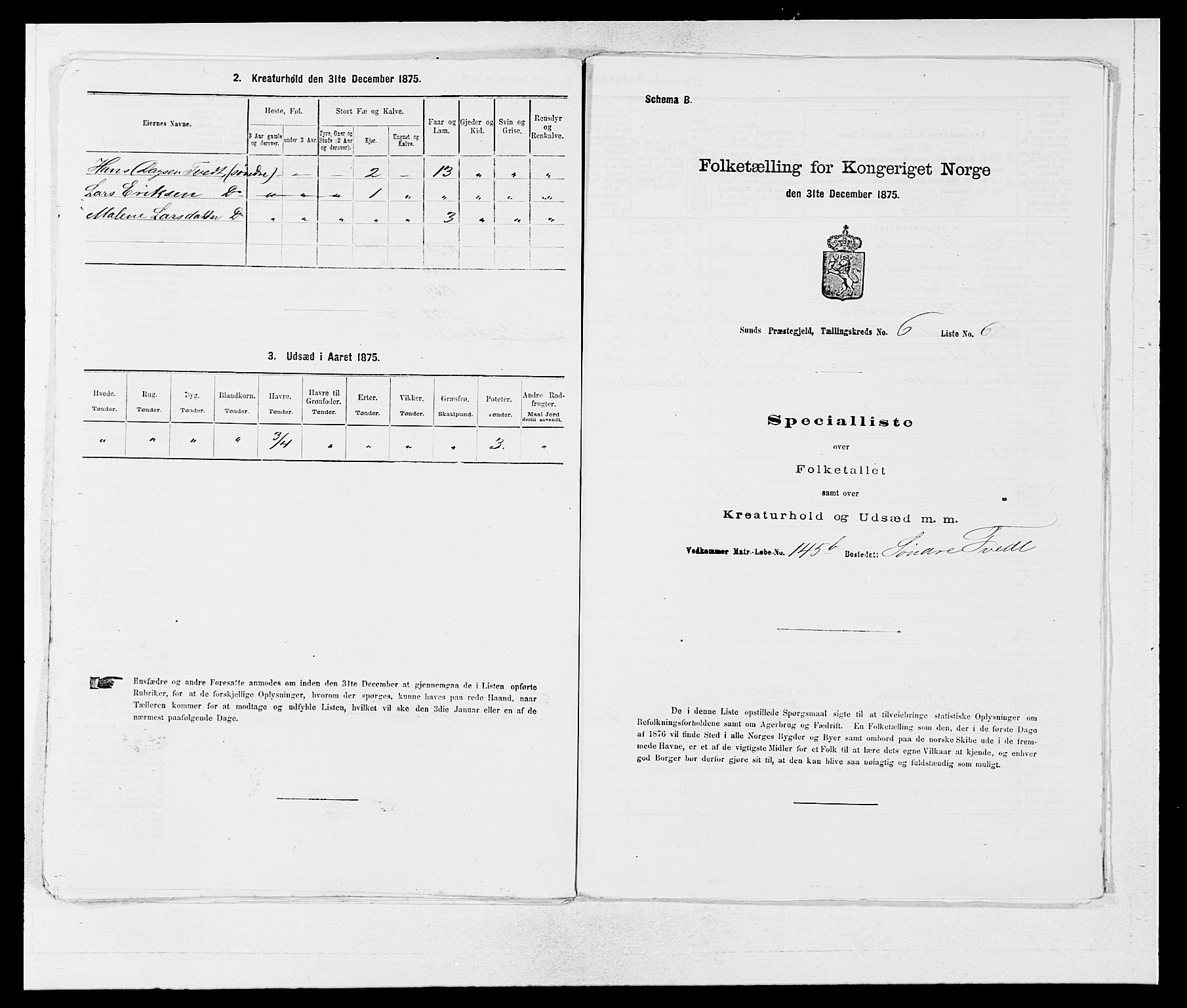 SAB, 1875 census for 1245P Sund, 1875, p. 587