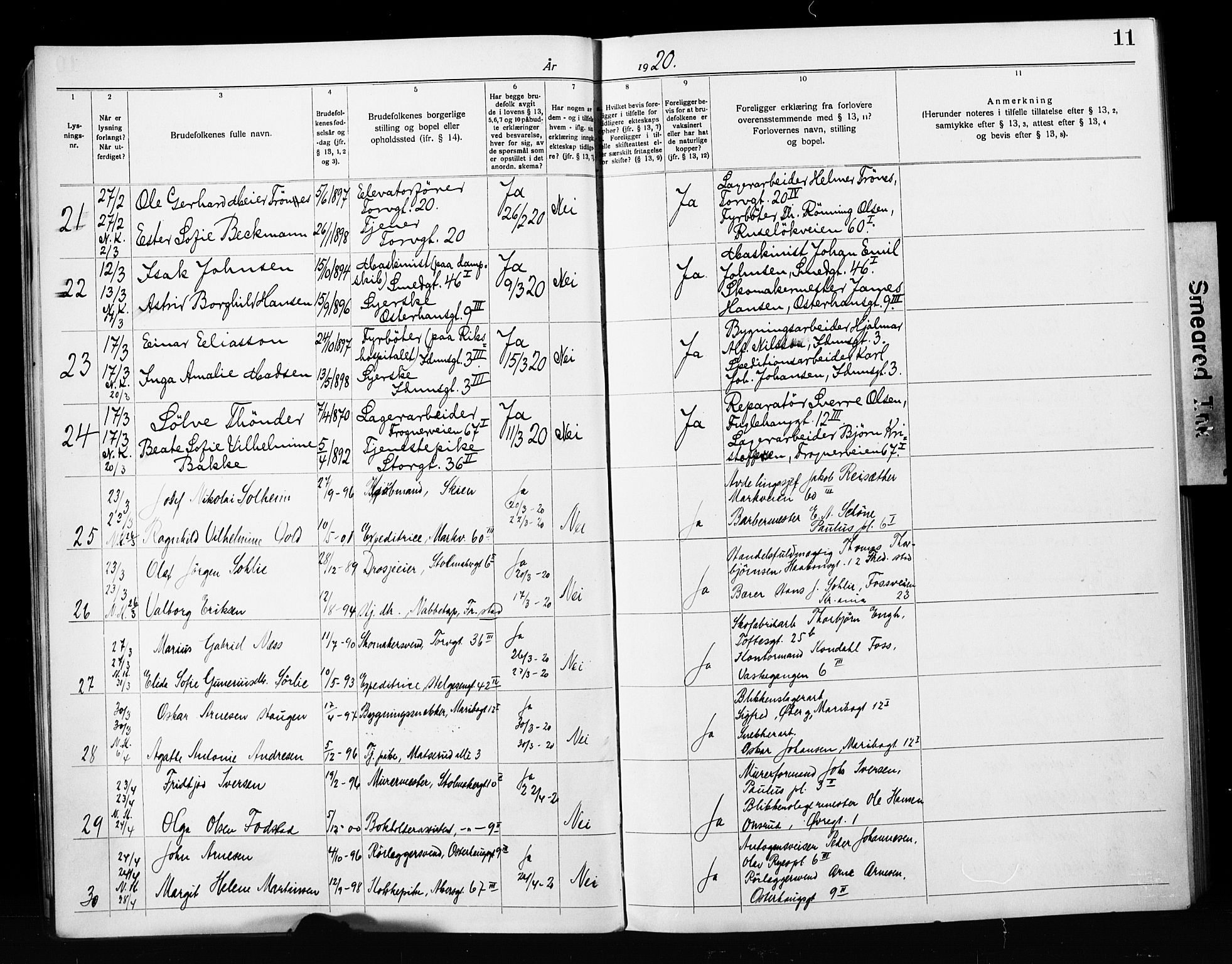 Jakob prestekontor Kirkebøker, AV/SAO-A-10850/H/Ha/L0003: Banns register no. 3, 1919-1931, p. 11
