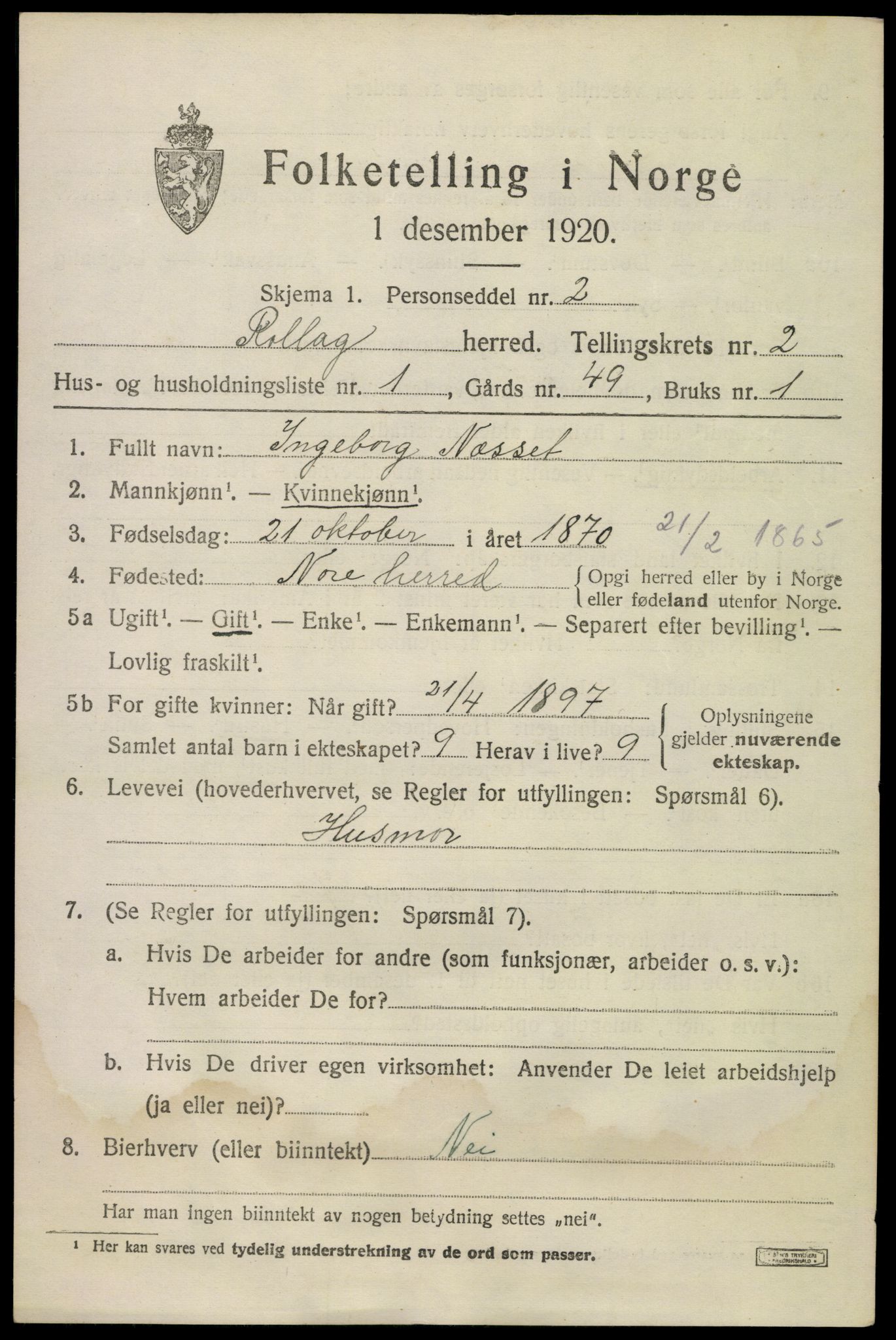 SAKO, 1920 census for Rollag, 1920, p. 956