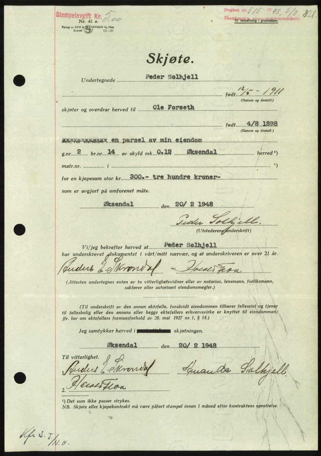 Nordmøre sorenskriveri, AV/SAT-A-4132/1/2/2Ca: Mortgage book no. A107, 1947-1948, Diary no: : 515/1948