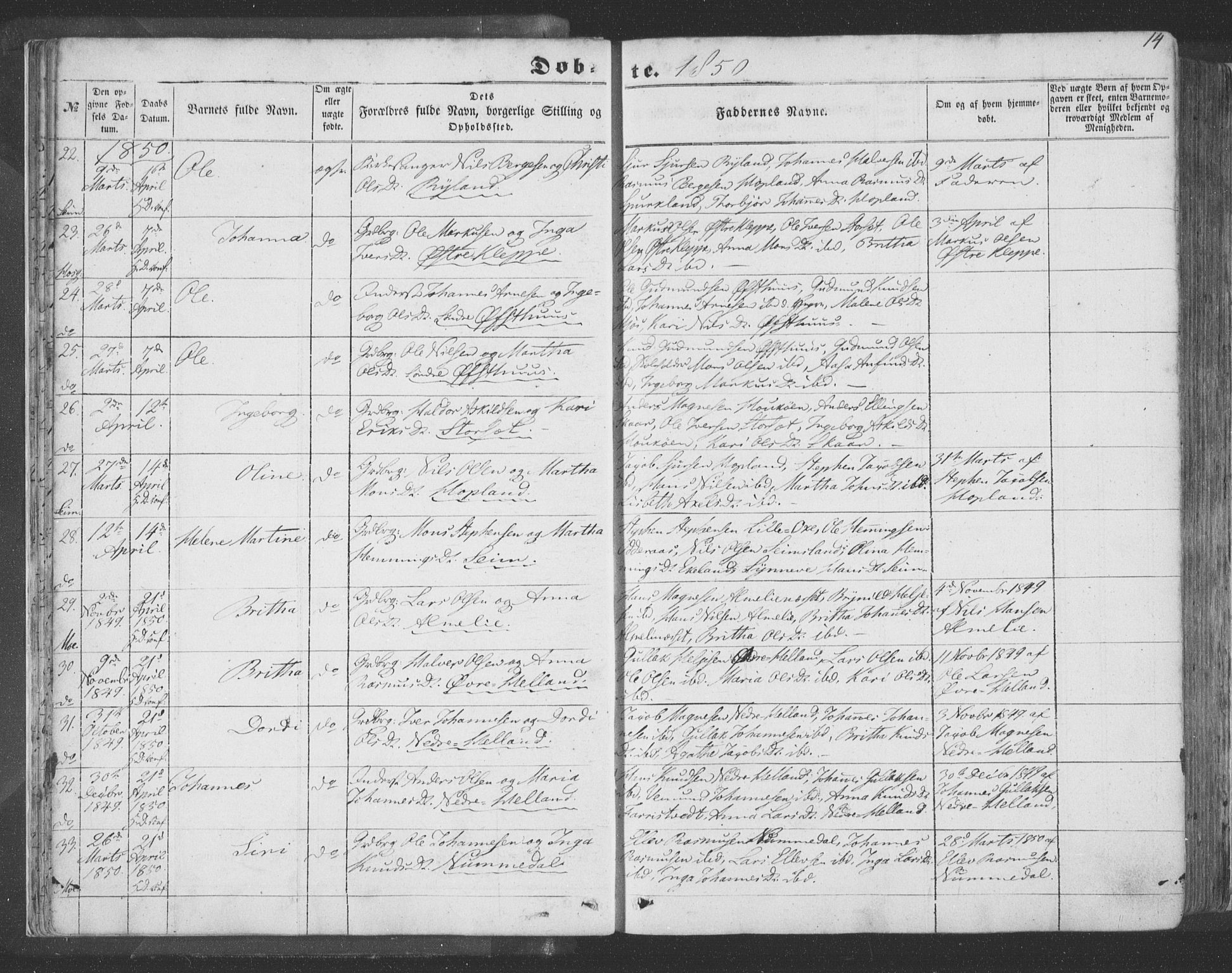 Hosanger sokneprestembete, AV/SAB-A-75801/H/Haa: Parish register (official) no. A 8, 1849-1863, p. 14