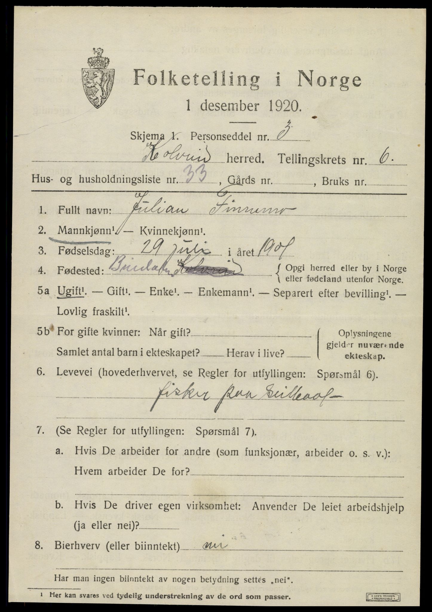 SAT, 1920 census for Kolvereid, 1920, p. 3929