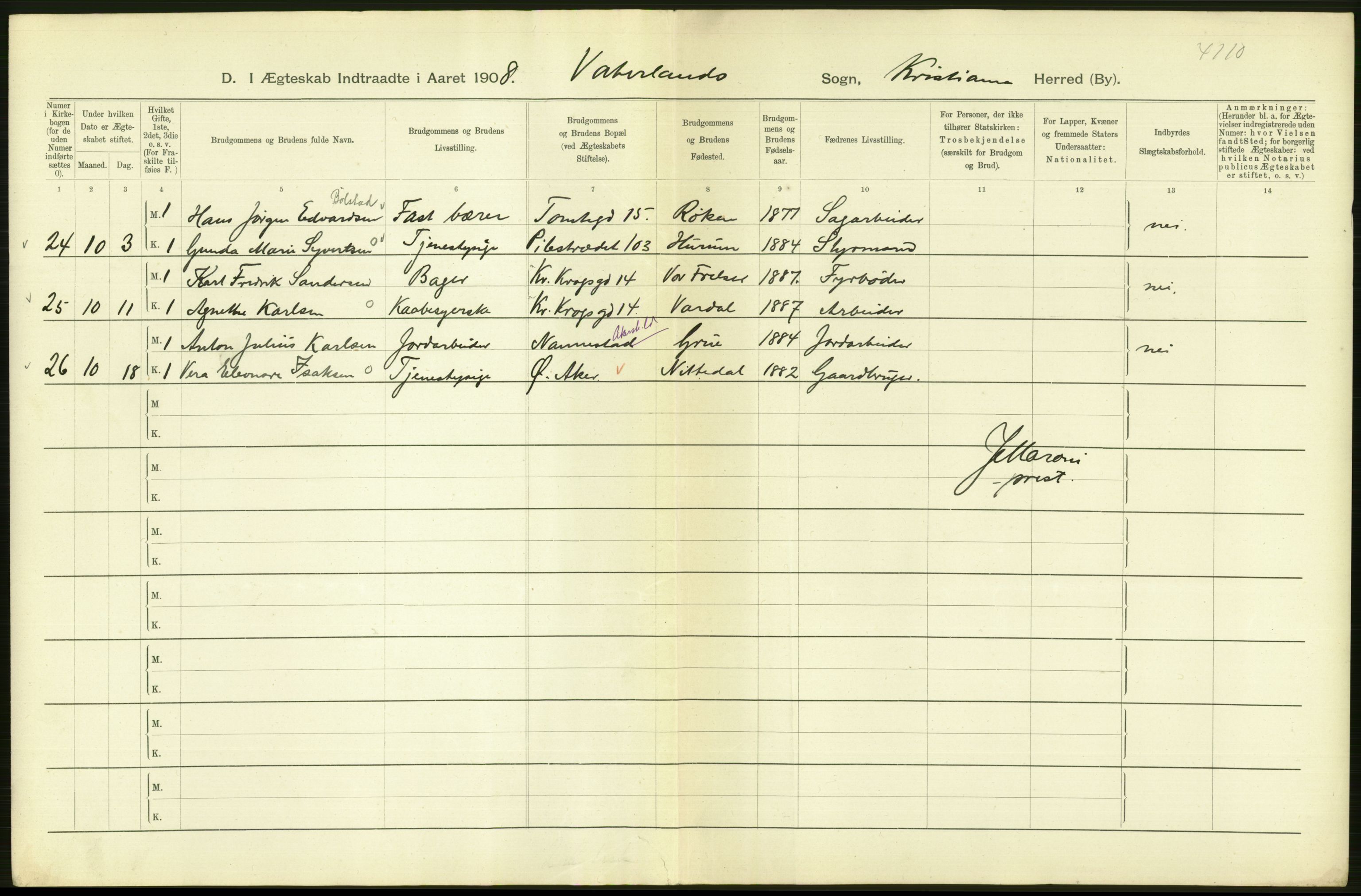 Statistisk sentralbyrå, Sosiodemografiske emner, Befolkning, AV/RA-S-2228/D/Df/Dfa/Dfaf/L0007: Kristiania: Gifte, 1908, p. 64