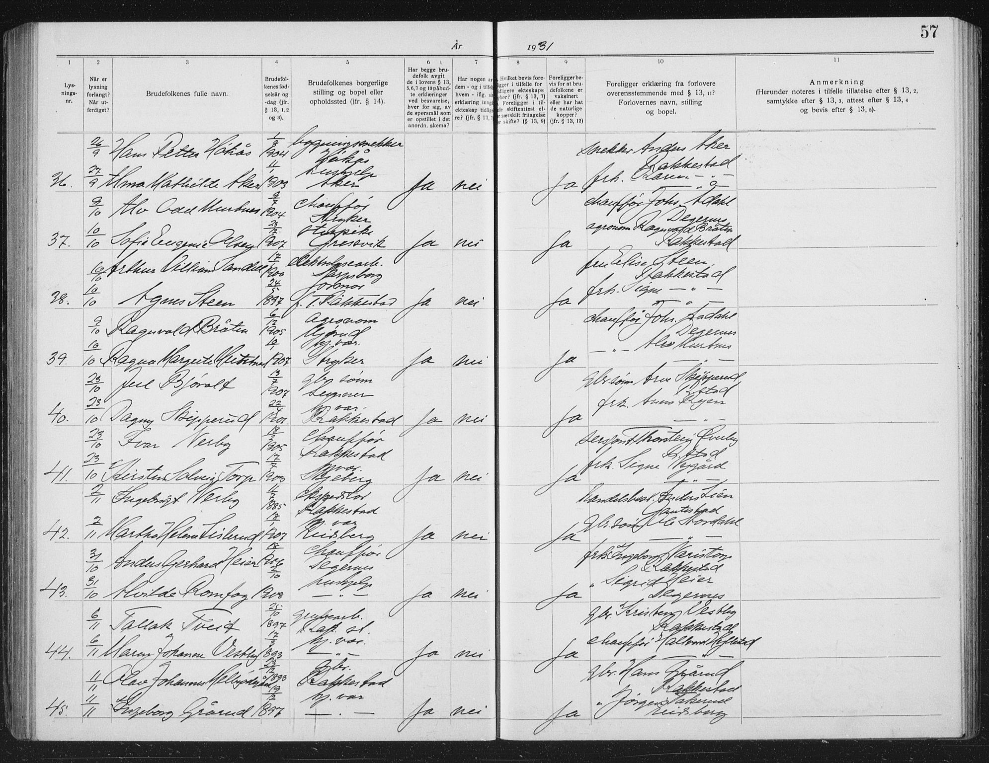 Rakkestad prestekontor Kirkebøker, AV/SAO-A-2008/H/Ha/L0001: Banns register no. 1, 1919-1941, p. 57