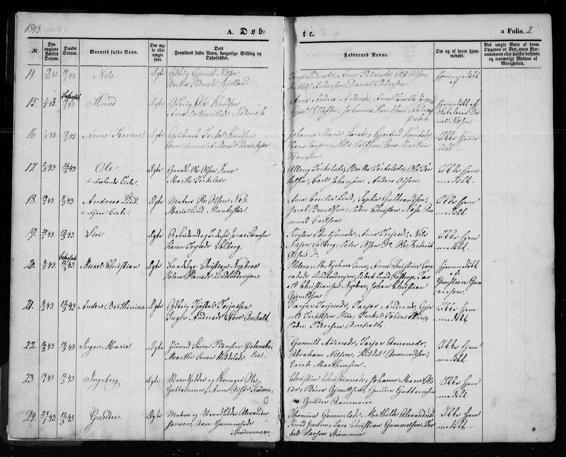 Øyestad sokneprestkontor, AV/SAK-1111-0049/F/Fa/L0014: Parish register (official) no. A 14, 1843-1856, p. 2