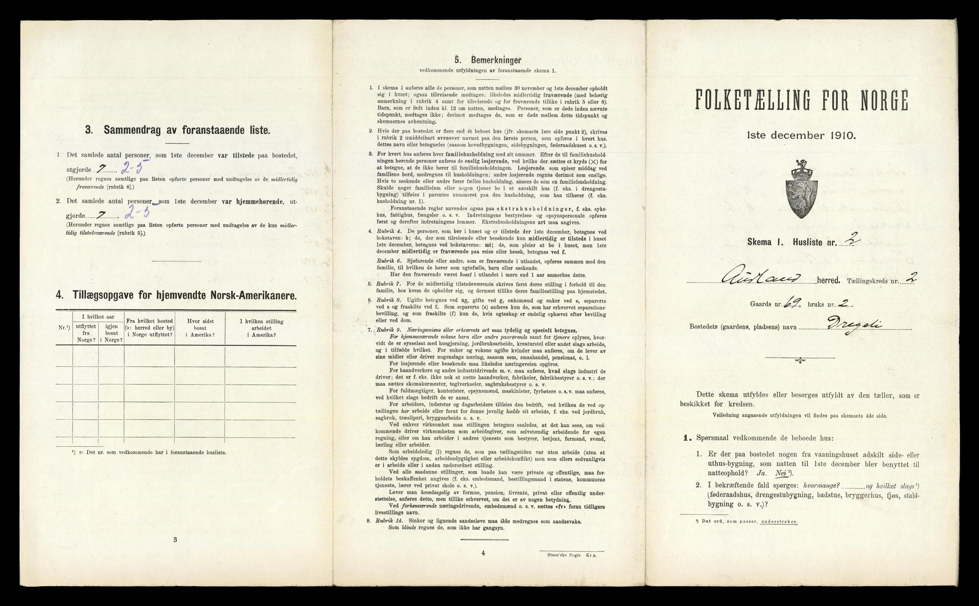 RA, 1910 census for Aurland, 1910, p. 141