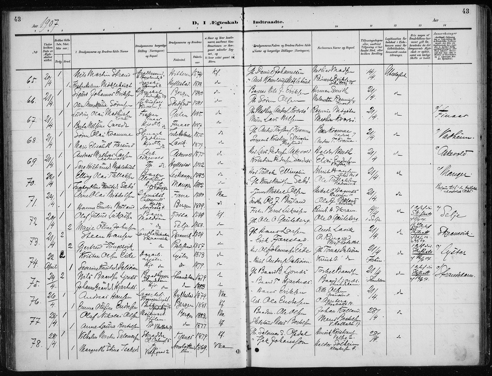 Nykirken Sokneprestembete, AV/SAB-A-77101/H/Haa/L0035: Parish register (official) no. D 5, 1905-1913, p. 43