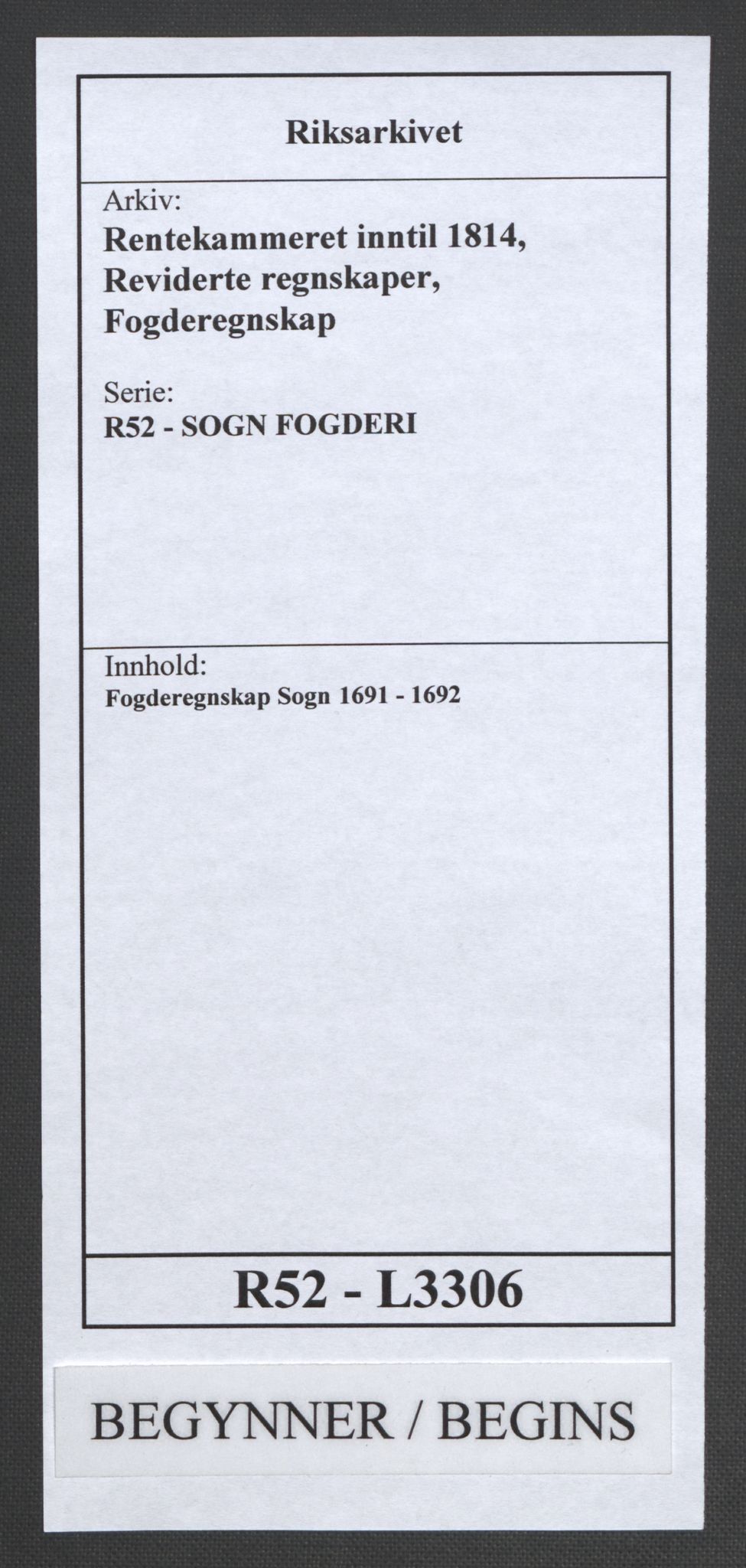 Rentekammeret inntil 1814, Reviderte regnskaper, Fogderegnskap, RA/EA-4092/R52/L3306: Fogderegnskap Sogn, 1691-1692, p. 1