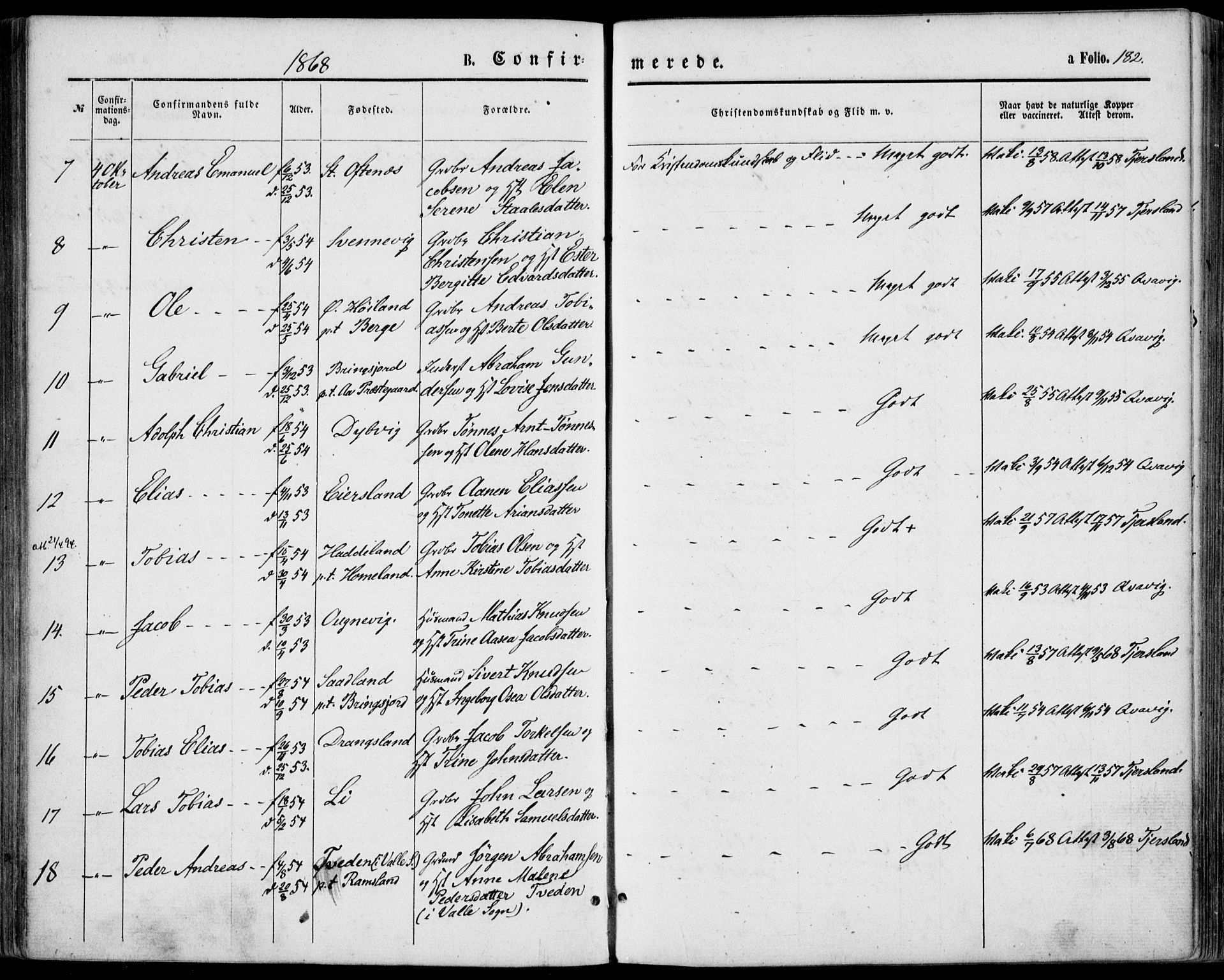 Lyngdal sokneprestkontor, SAK/1111-0029/F/Fa/Fac/L0010: Parish register (official) no. A 10, 1865-1878, p. 182