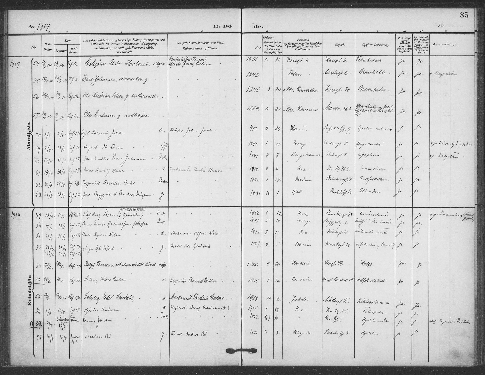 Jakob prestekontor Kirkebøker, AV/SAO-A-10850/F/Fa/L0011: Parish register (official) no. 11, 1906-1920, p. 85