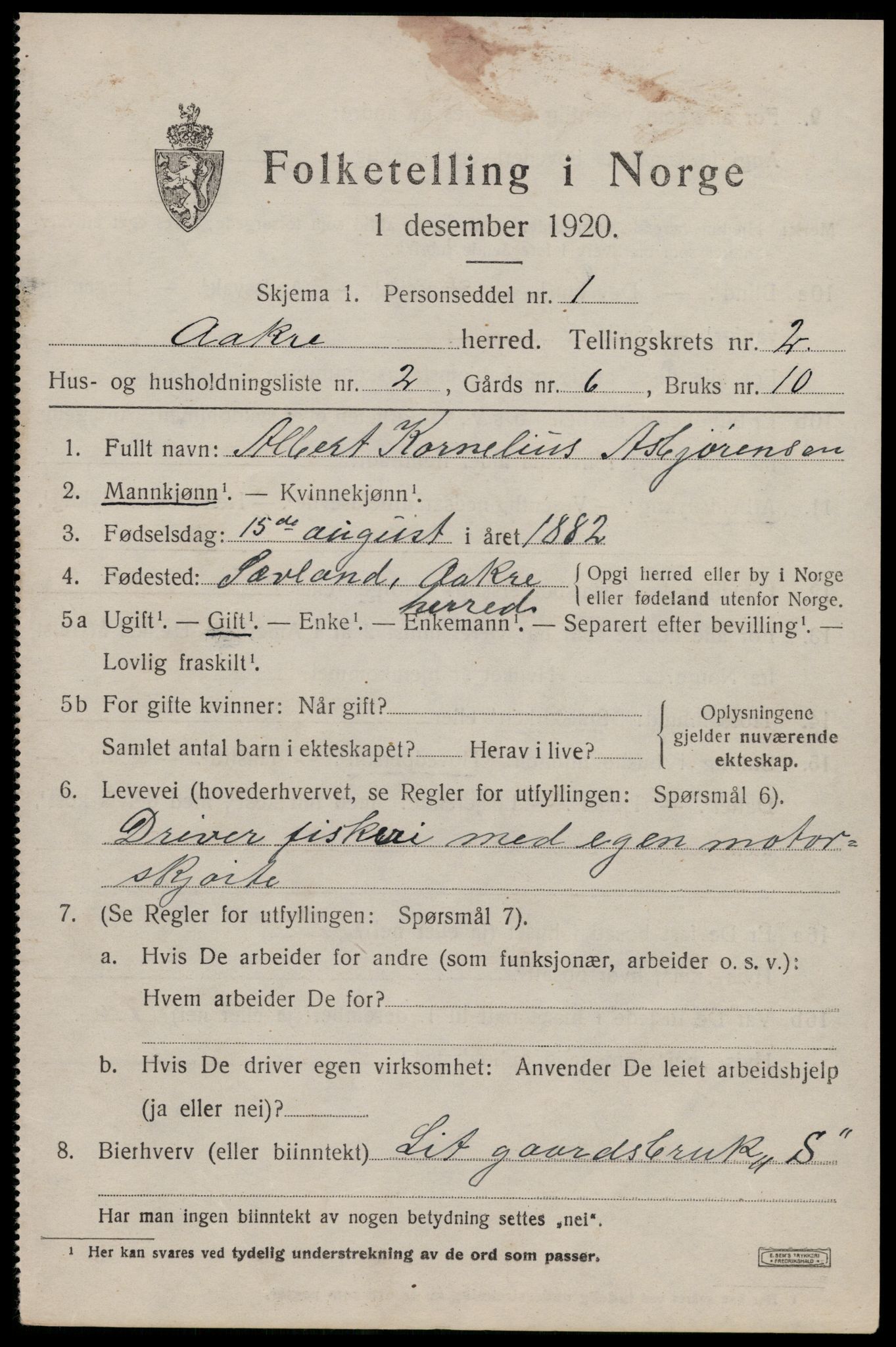 SAST, 1920 census for Åkra, 1920, p. 2960