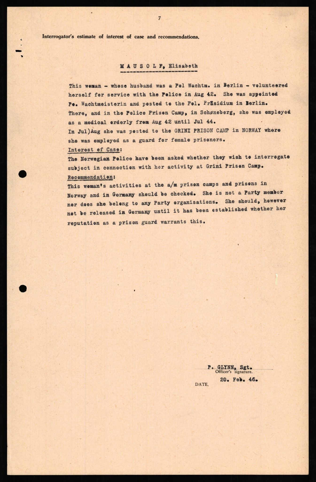 Forsvaret, Forsvarets overkommando II, AV/RA-RAFA-3915/D/Db/L0021: CI Questionaires. Tyske okkupasjonsstyrker i Norge. Tyskere., 1945-1946, p. 264