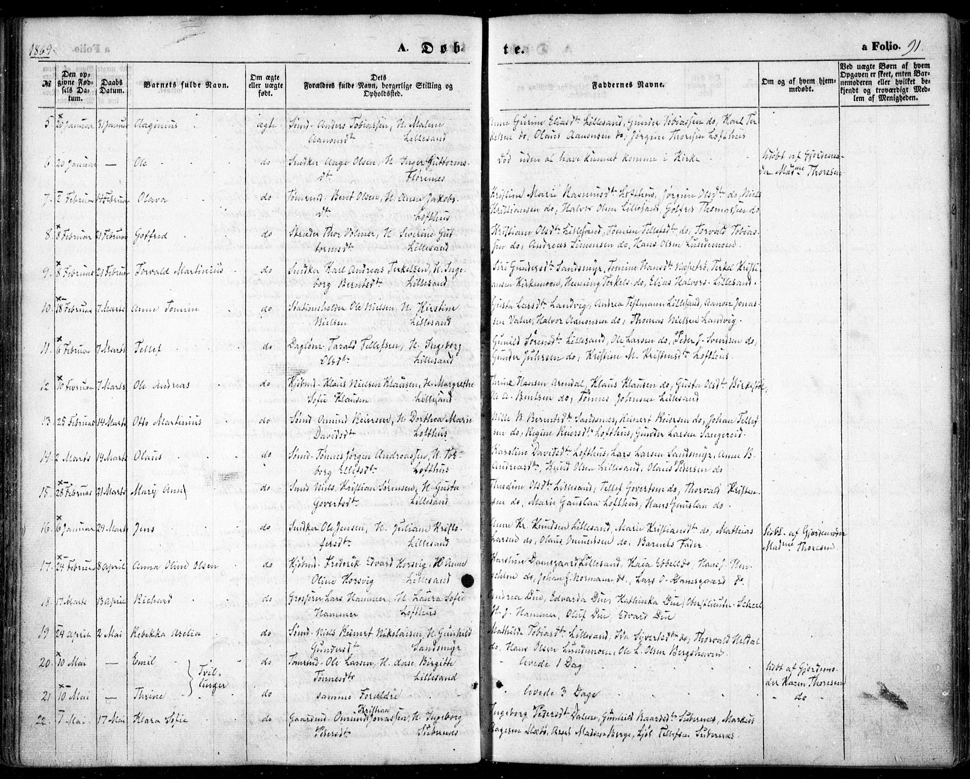 Vestre Moland sokneprestkontor, SAK/1111-0046/F/Fa/Fab/L0007: Parish register (official) no. A 7, 1859-1872, p. 91