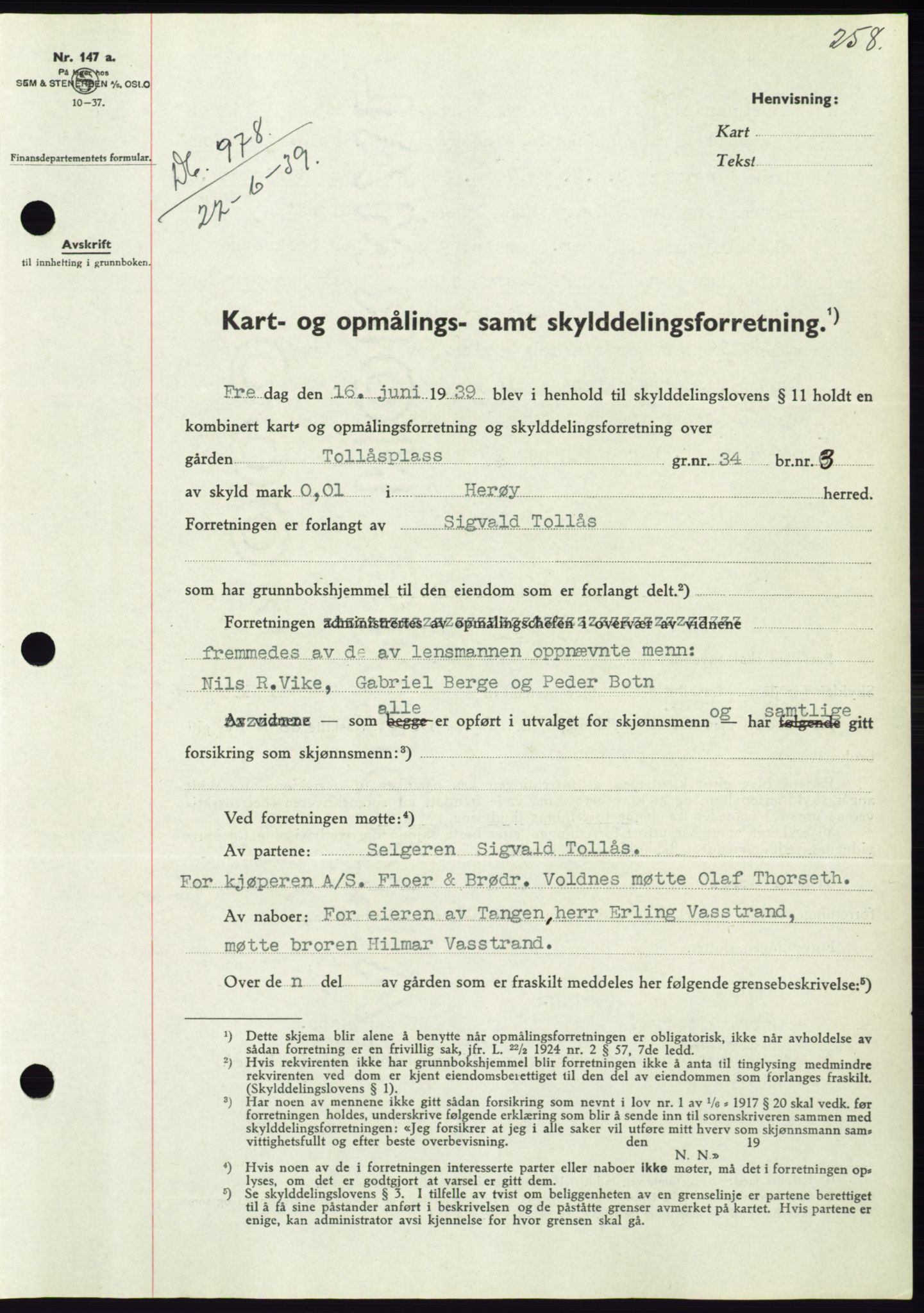 Søre Sunnmøre sorenskriveri, AV/SAT-A-4122/1/2/2C/L0068: Mortgage book no. 62, 1939-1939, Diary no: : 978/1939