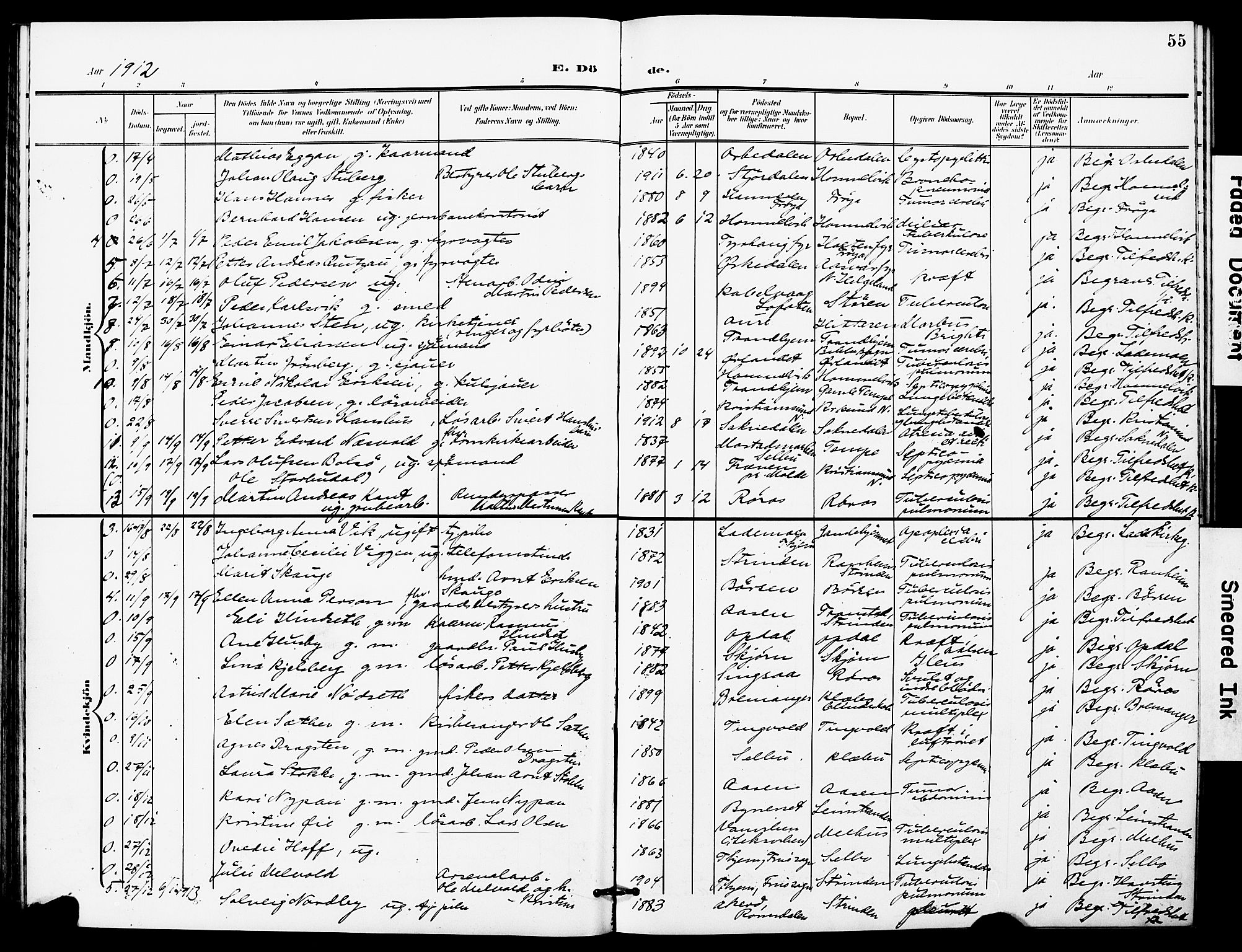 Ministerialprotokoller, klokkerbøker og fødselsregistre - Sør-Trøndelag, AV/SAT-A-1456/628/L0483: Parish register (official) no. 628A01, 1902-1920, p. 55