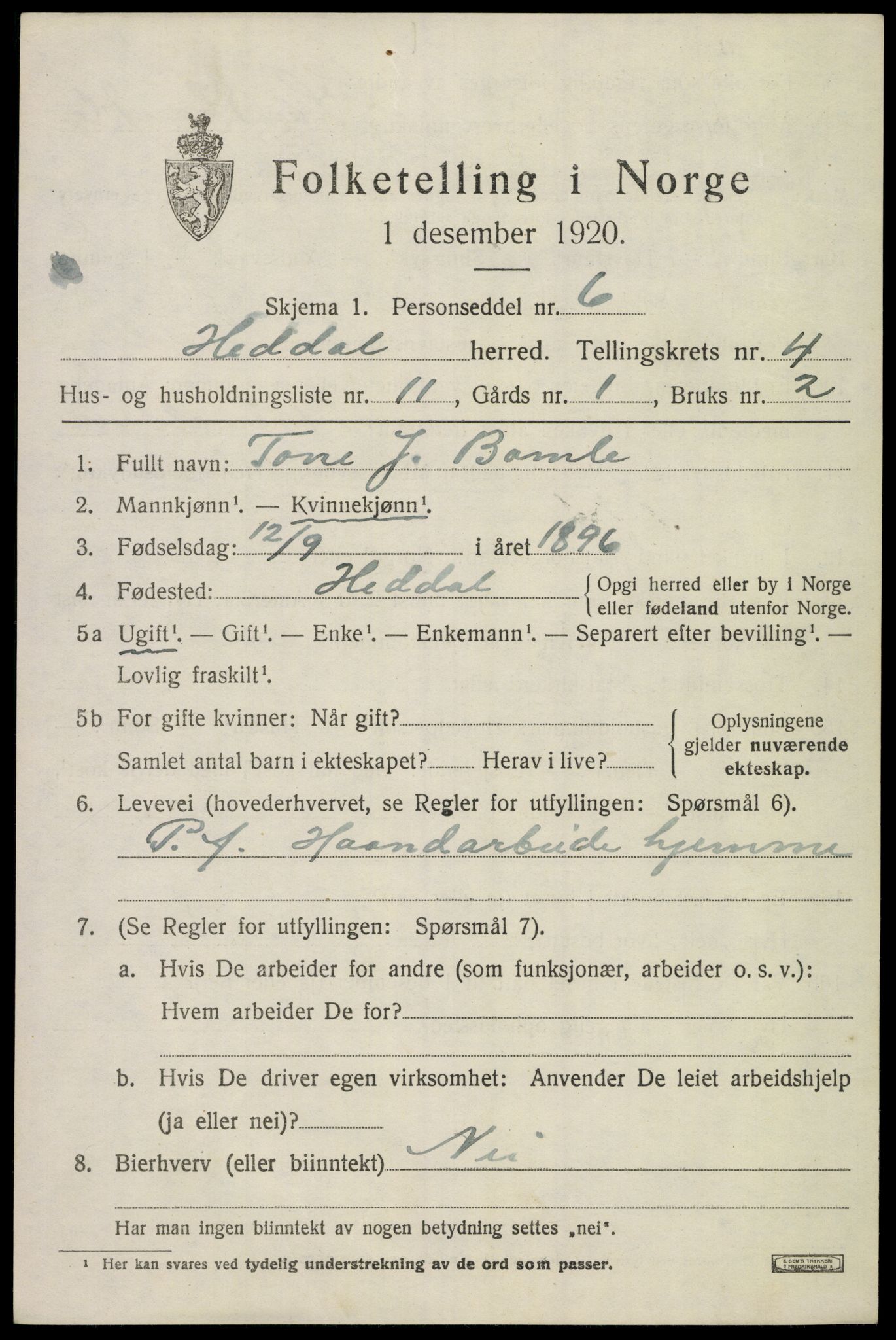 SAKO, 1920 census for Heddal, 1920, p. 4560