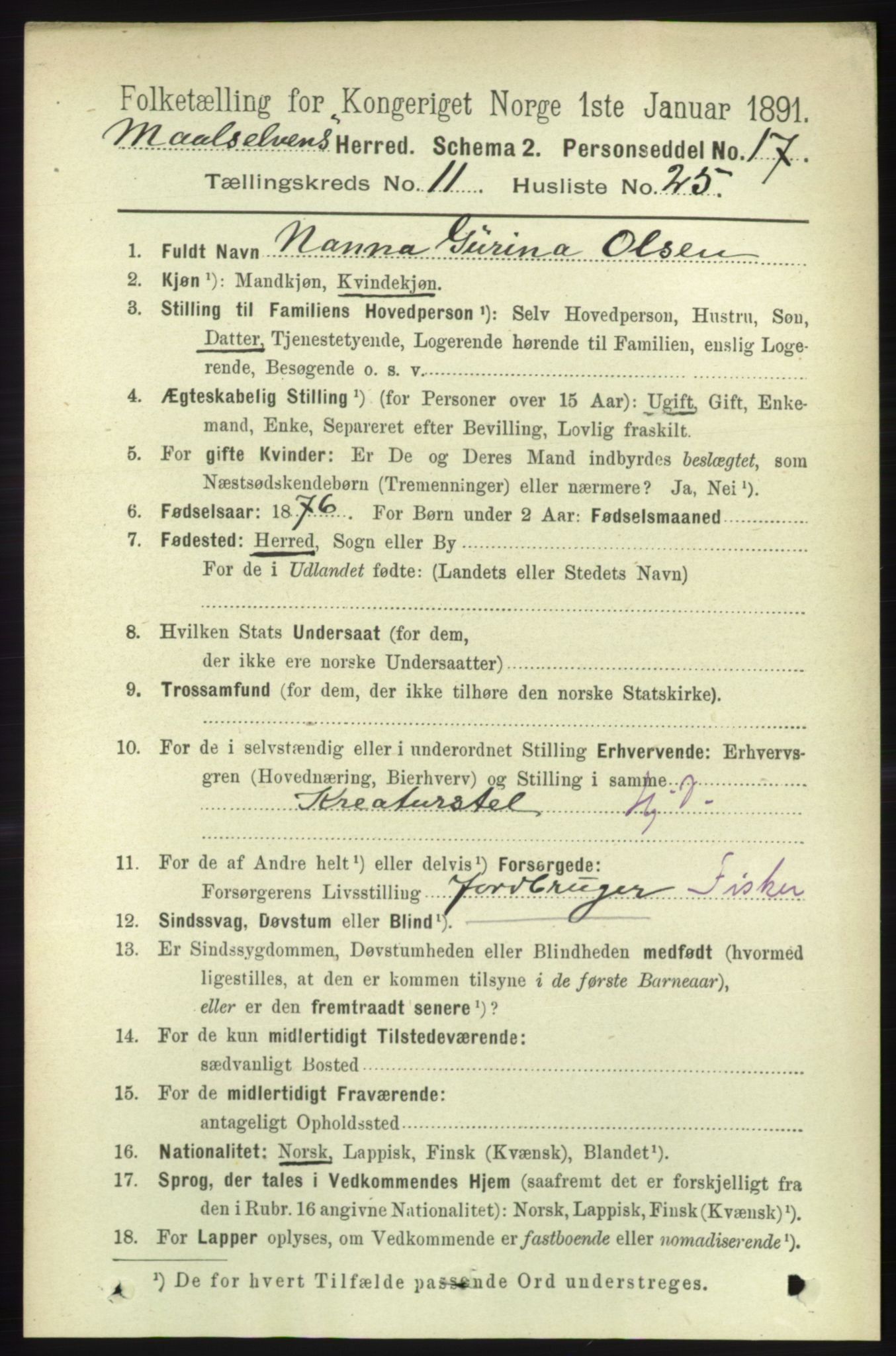 RA, 1891 census for 1924 Målselv, 1891, p. 3445