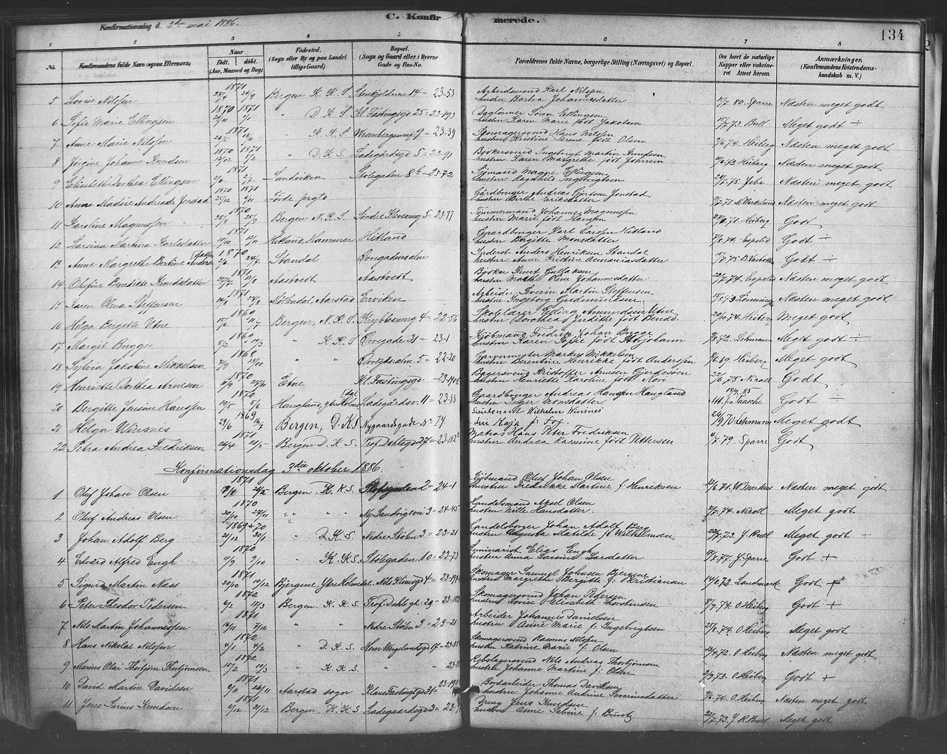 Mariakirken Sokneprestembete, SAB/A-76901/H/Haa/L0007: Parish register (official) no. A 7, 1878-1893, p. 134