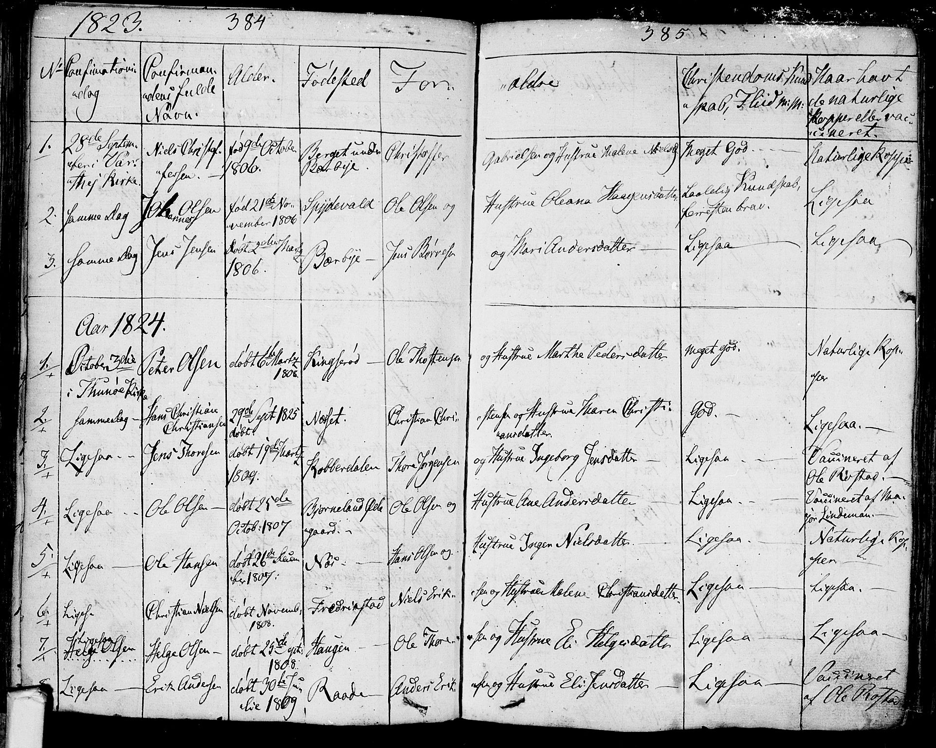 Tune prestekontor Kirkebøker, AV/SAO-A-2007/F/Fa/L0006: Parish register (official) no. 6, 1823-1831, p. 384-385