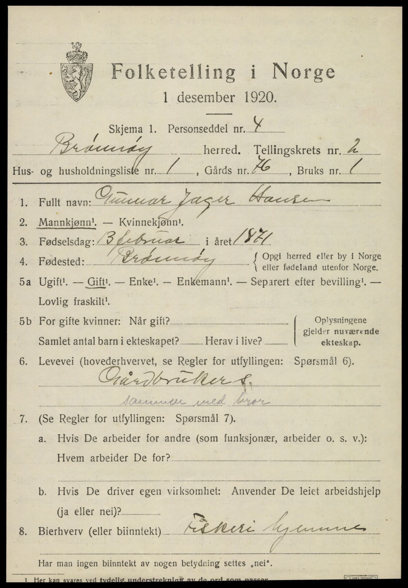 SAT, 1920 census for Brønnøy, 1920, p. 1850