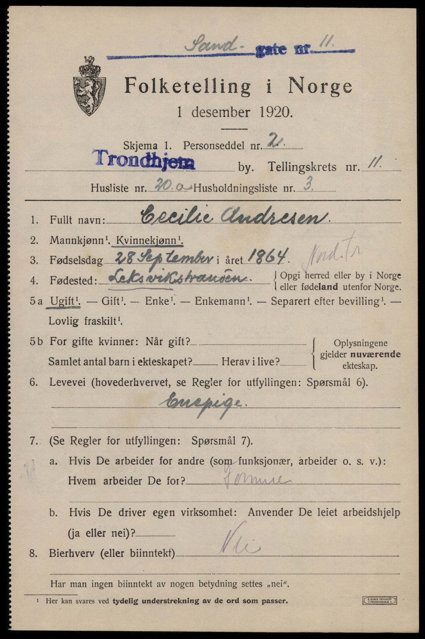 SAT, 1920 census for Trondheim, 1920, p. 46306