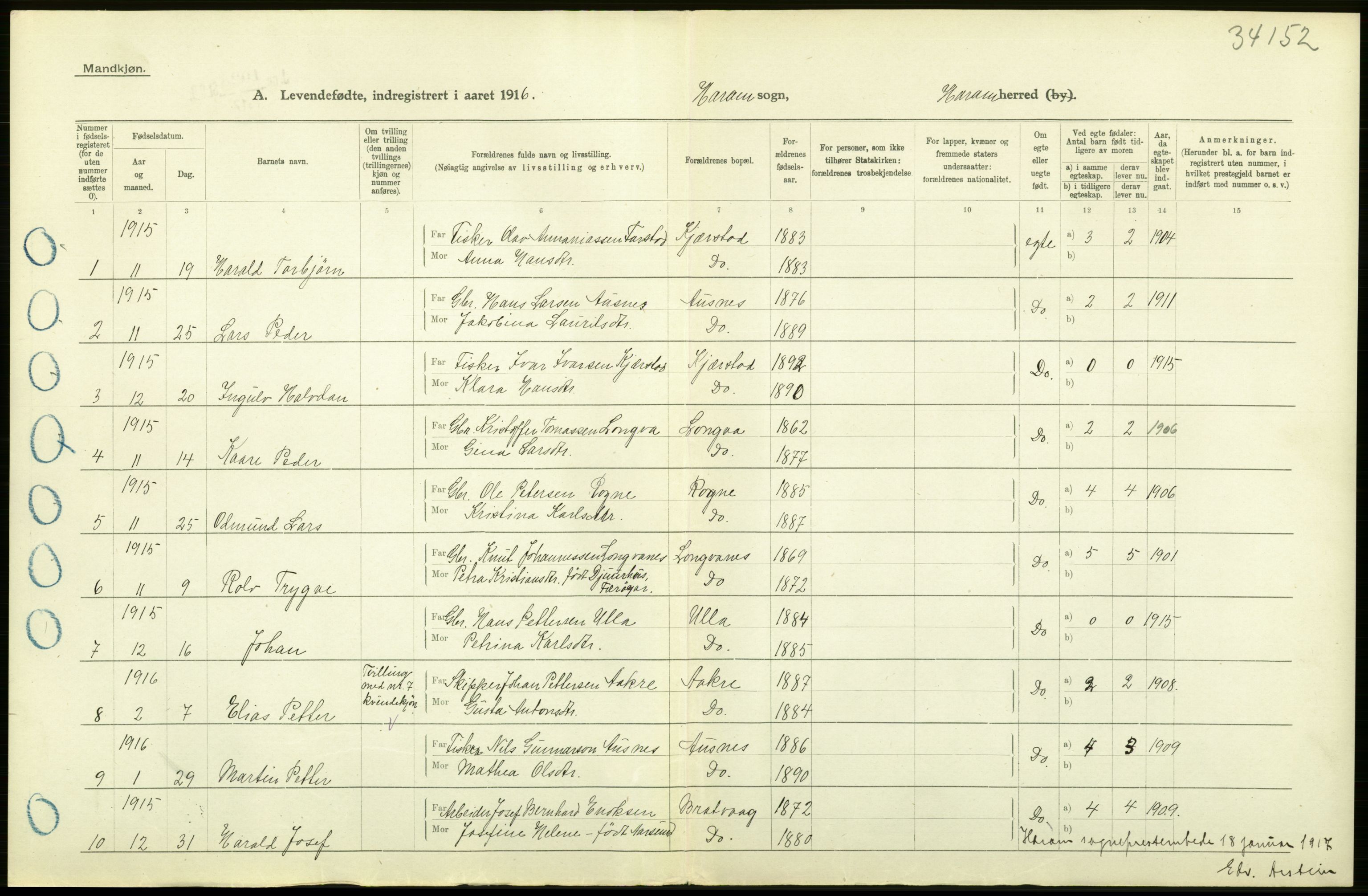 Statistisk sentralbyrå, Sosiodemografiske emner, Befolkning, AV/RA-S-2228/D/Df/Dfb/Dfbf/L0042: Romsdals amt: Levendefødte menn og kvinner. Bygder., 1916, p. 14