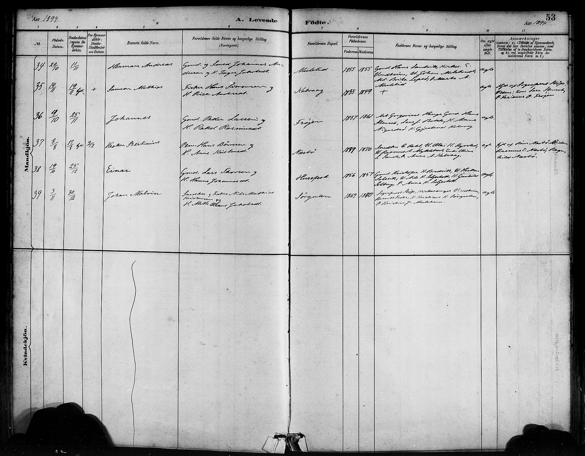 Bremanger sokneprestembete, AV/SAB-A-82201/H/Haa/Haab/L0001: Parish register (official) no. B 1, 1884-1895, p. 53