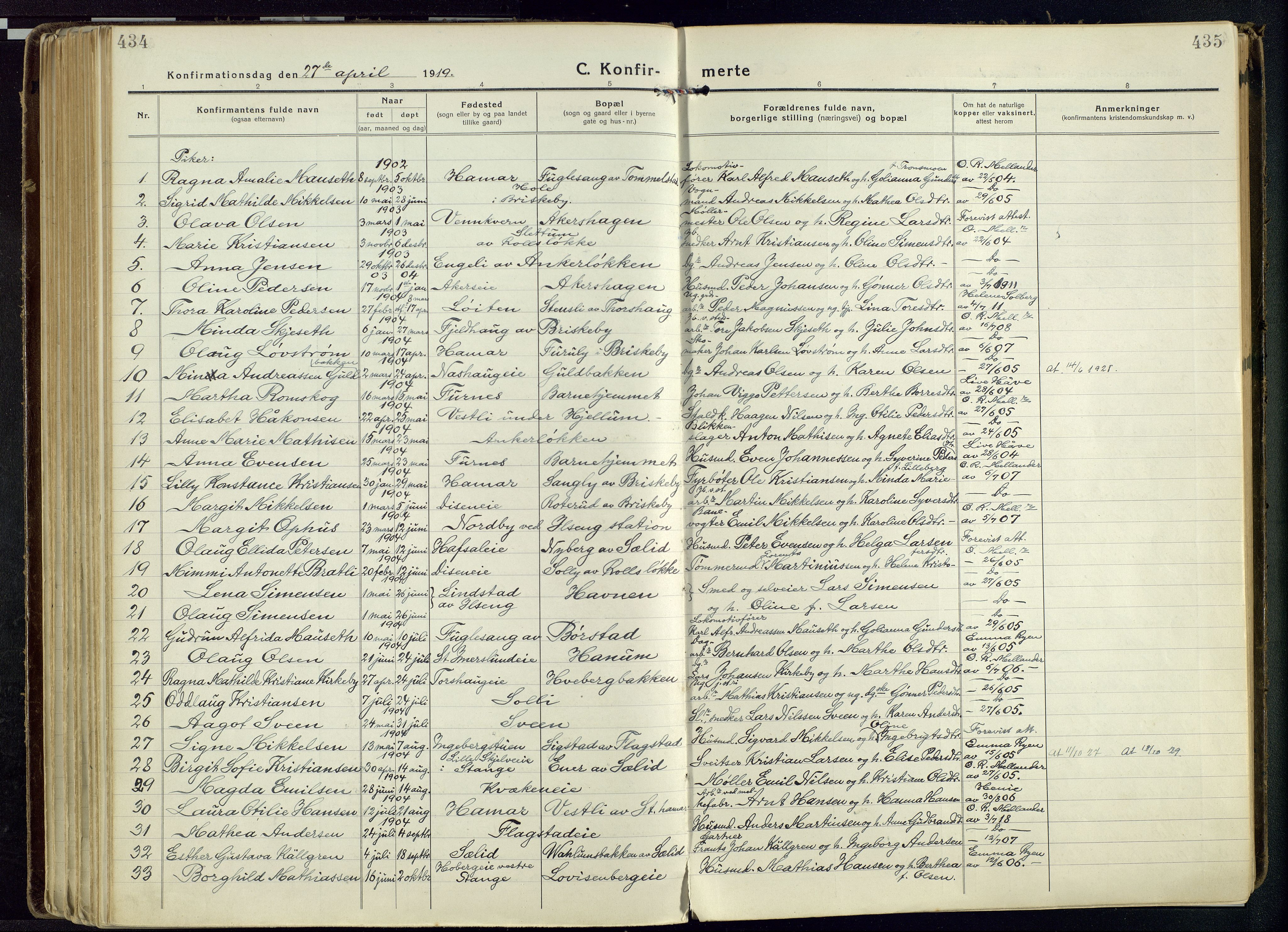 Vang prestekontor, Hedmark, SAH/PREST-008/H/Ha/Haa/L0022: Parish register (official) no. 22, 1918-1944, p. 434-435