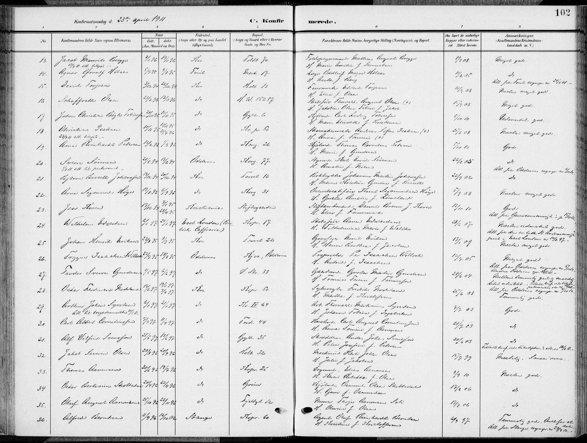 Kristiansand domprosti, SAK/1112-0006/F/Fa/L0022: Parish register (official) no. A 21, 1905-1916, p. 102